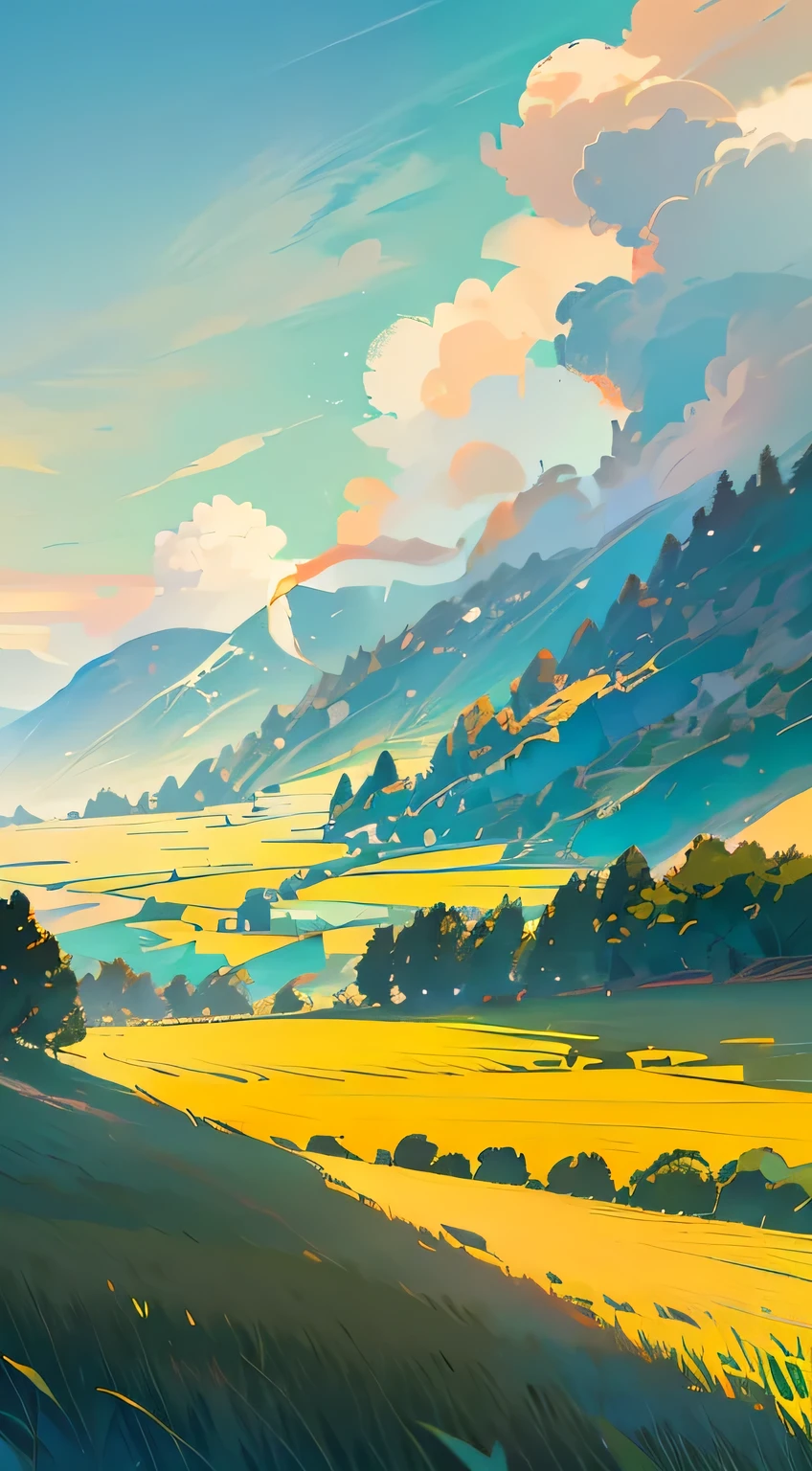 Wheat field, big clouds, blue sky, rice field, neat rice seedlings in the field, forest, hillside, secluded, rural, HD detail, hyper-detail, cinematic, surrealism, soft light, deep field focus bokeh, ray tracing and surrealism. --v6