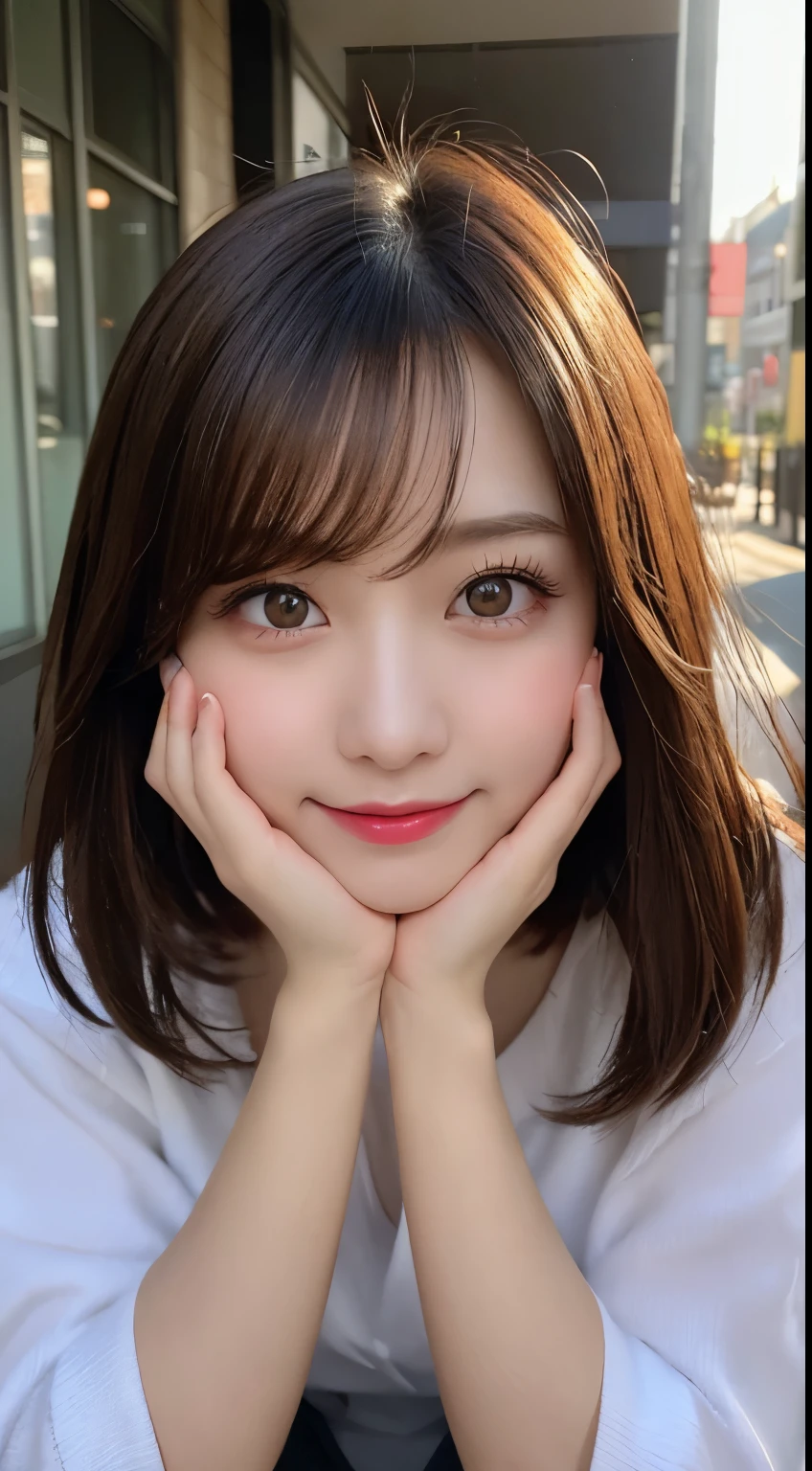 Tabletop, highest quality, shape, Very detailed, finely, High resolution, 8k wallpaper, 完璧なダイナミックな構shape, Beautiful and detailed,ランダムなcute髪,,Natural color lip, Bold sexy pose,smile、20-year-old girl、cute、Looking at the camera,Always blur the background,Perfect and beautiful face,Slim face and figure,Big eyes、Putting on gal makeup,Small face,Shooting from below、smile,Blurred Background,Elegant feminine face、Cyberpunk Fashion、smile、sunset、Change pose randomly、Randomly change the shooting angle and position