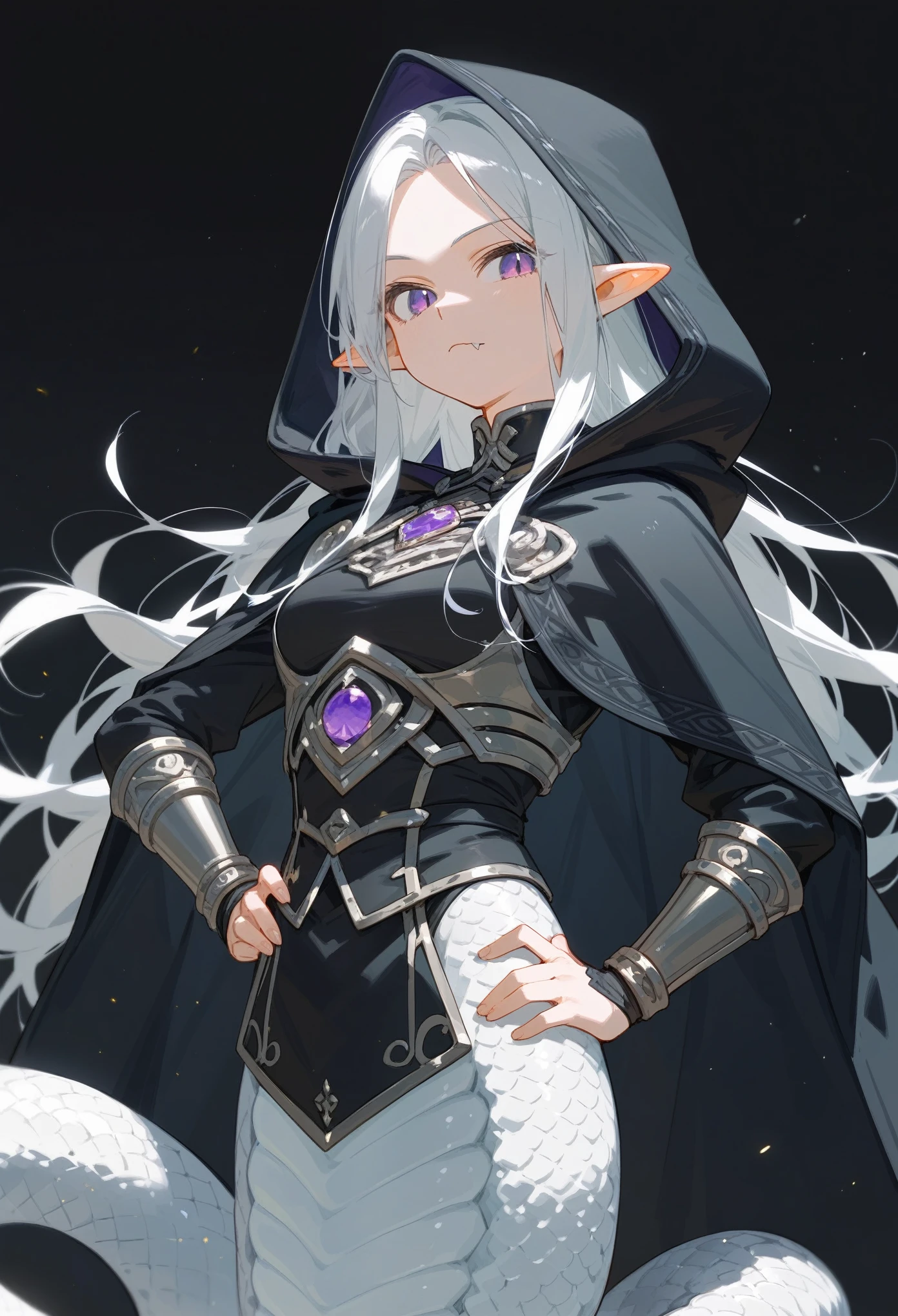 (score_9, score_8_up, score_7_up), anime, 1girl, lamia, snake body down, white scales, purple eyes, white hair, long hair, parted bangs, pointy ears, hand on hip, black cloak, black clothes, armour plates, hood off, closed mouth, innexpressive, fang, looking at viewer, black background, upper body, zoom out, Masterpiece, best quality