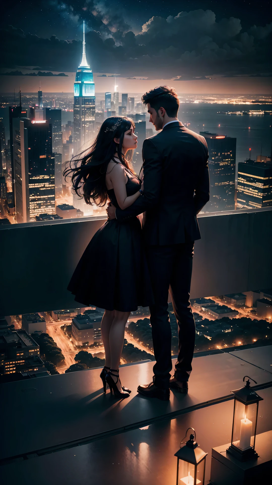 A couple stands against the backdrop of the night sky, creating a beautifully romantic scene with the cityscape in the background., adding an air of mystery to the romantic scene atop the building against the night sky and city lights, (Raw photo, highest quality), (8K, highest quality, masterpiece: 1.2), Super detailed, super resolution