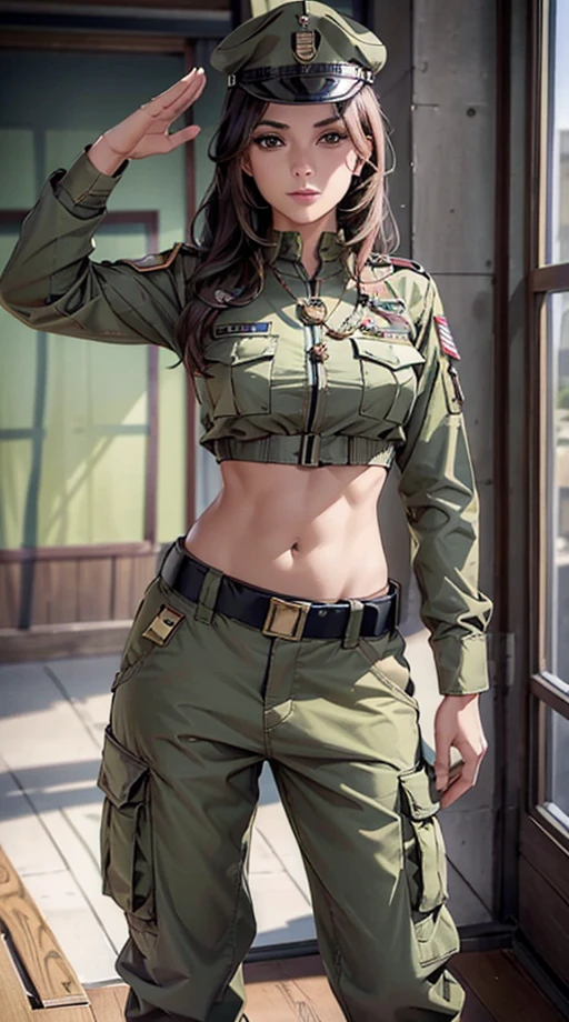 
Women in crop top soldier uniform, soldier hat, medal on the chest,  exposed abdomen area, very low waist cargo pants, navel, 45 years-old, high ranking , standing, military salute, color , hight quality, 4k