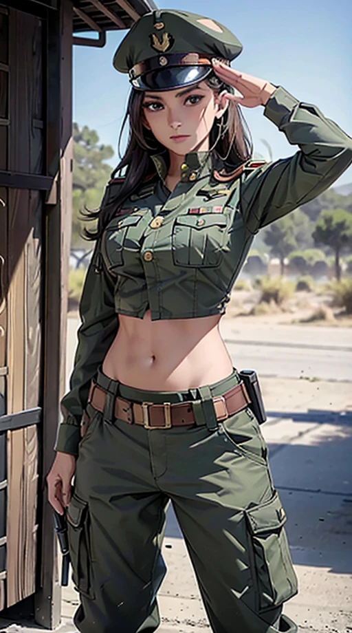 
Women in crop top soldier uniform, soldier hat, medal on the chest,  exposed abdomen area, very low waist cargo pants, navel, 45 years-old, high ranking , standing, military salute, color , hight quality, 4k