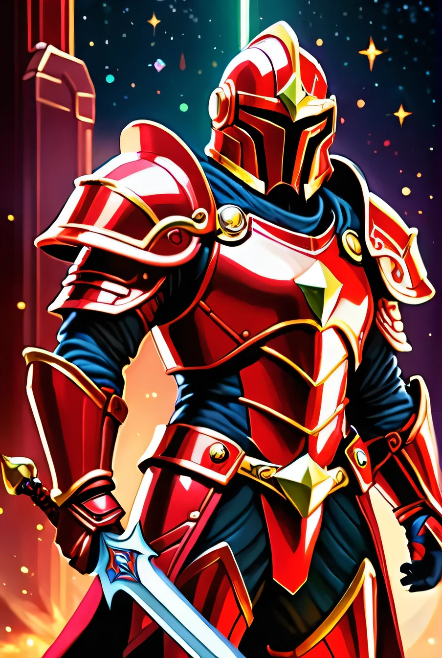 Finely shining red armor, Detailed red helmet, detailed big red sword, Mysterious golden gems in armor, reehall in space background,red aura, red Neon