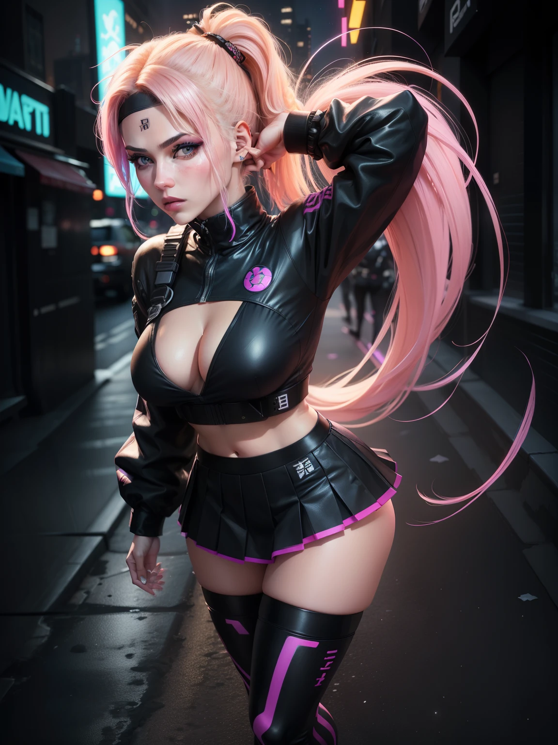 8k, (Full Body Portrait) ,masterpiece、Realistic:1.2, Realistic, Ultra-high resolution, highest quality, (Solo, 1girl), (Masterpiece, Detailed, 4k), perfect face, perfect lips, perfect makeup, dark eyeshadow, Unreal Engine 5, (Full Body Portrait), absurd resolution, high resolution, sharp image, vibrant colors, Synthwave colors, Vaporwave colors, ((Female Ninja)) with blonde hair, two ponytails in hair, pleated skirt, neon lights, night sky