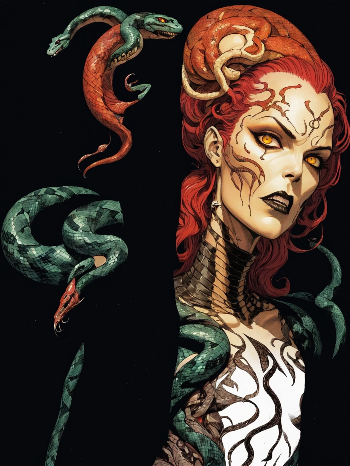 Medusa, colors, bleak muted deep fiery radiant glowing ROYGBIV, splash page decompressed comic cover art, ink style figure, ((expressive Joelle Jones and "Sean Gordon Murphy" comic drawing)), wordless, cinematic poster, double exposure, optical illusion, image within image, abyss void black no visibility darkness, full length portrait, (background, pine barrens, entropy, rewilding, magic hour sunset, galaxy stars, cosmos), (horror, abstract, surreal, body, cosmic), candid, snake skin dress, morphology anatomy drawn Frederic Delavier musculature anatomical illustration, (face, ornate black-metal corpsepaint face paint, resembles Grace Jones), (body, Naga, snakefolk, lower body snake tail, snake woman hybrid, bald, hairless, skeleton, snake skin tattoos, piercing eyes, snake pupils, over the shoulder), (colors, bleak muted deep fiery radiant glowing ROYGBIV, forest green, earth brown), craftsmanship nuance, (Gerardo Zaffino charcoal), subliminal orchids, nyctophobia, silhouette