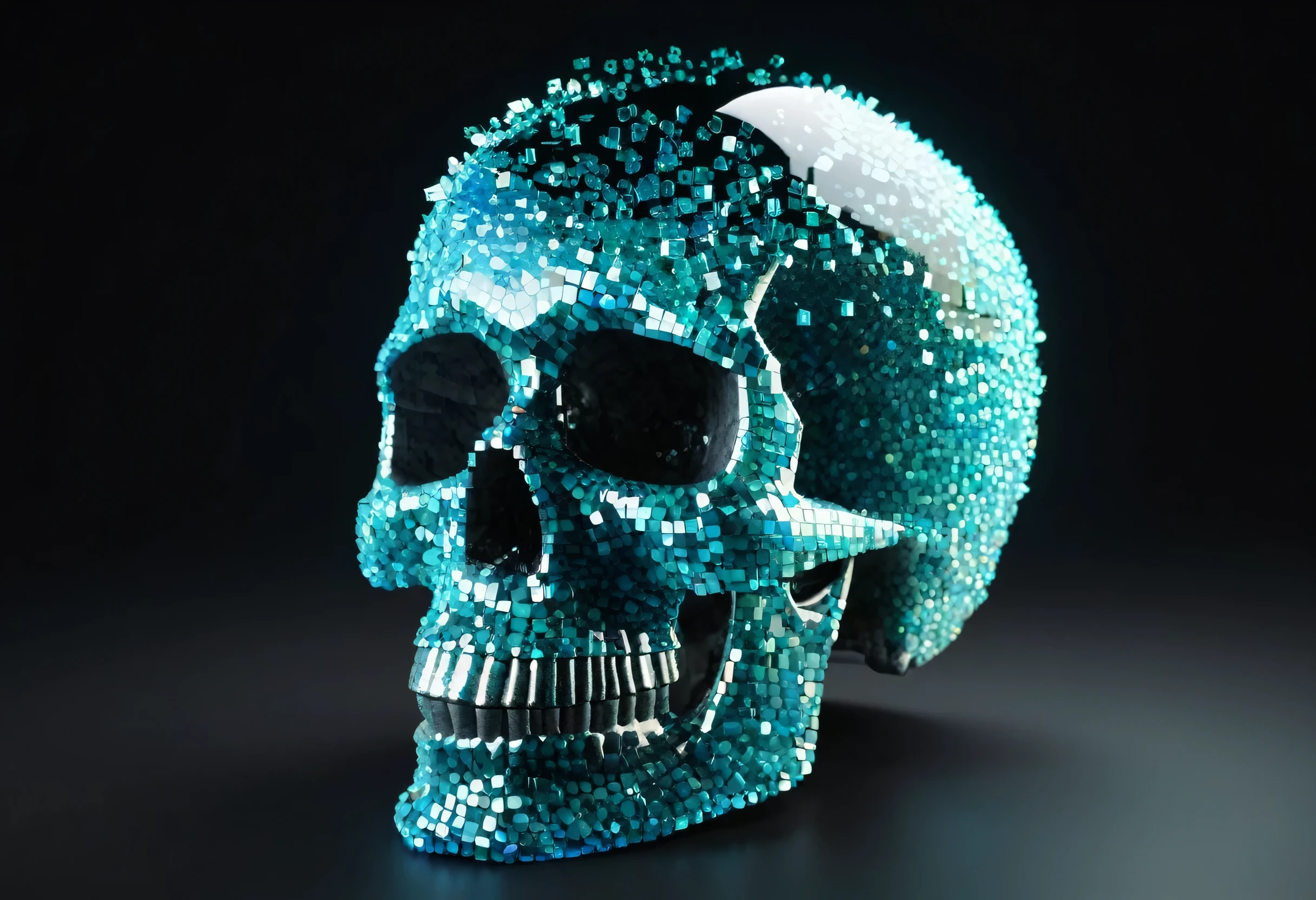 A realistic crystal falls on a human skull and causes it to explode into pieces of glass of all colors ,pixel , Pixelated Skull