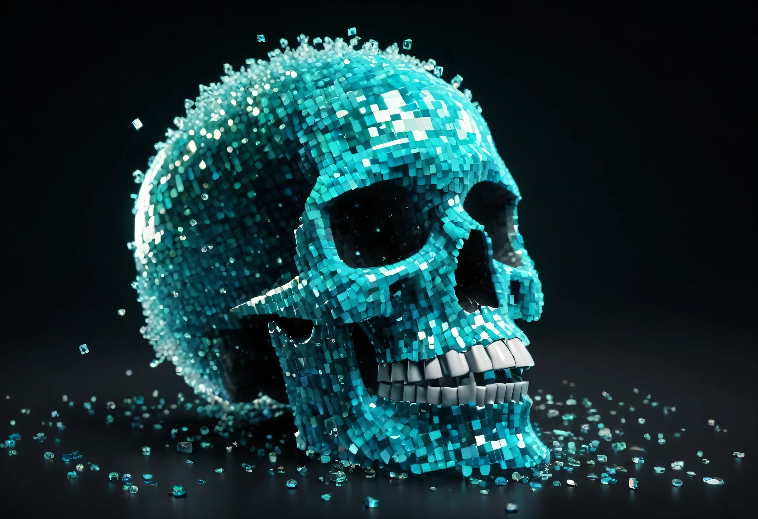 A realistic crystal falls on a human skull and causes it to explode into pieces of glass of all colors ,pixel , Pixelated Skull