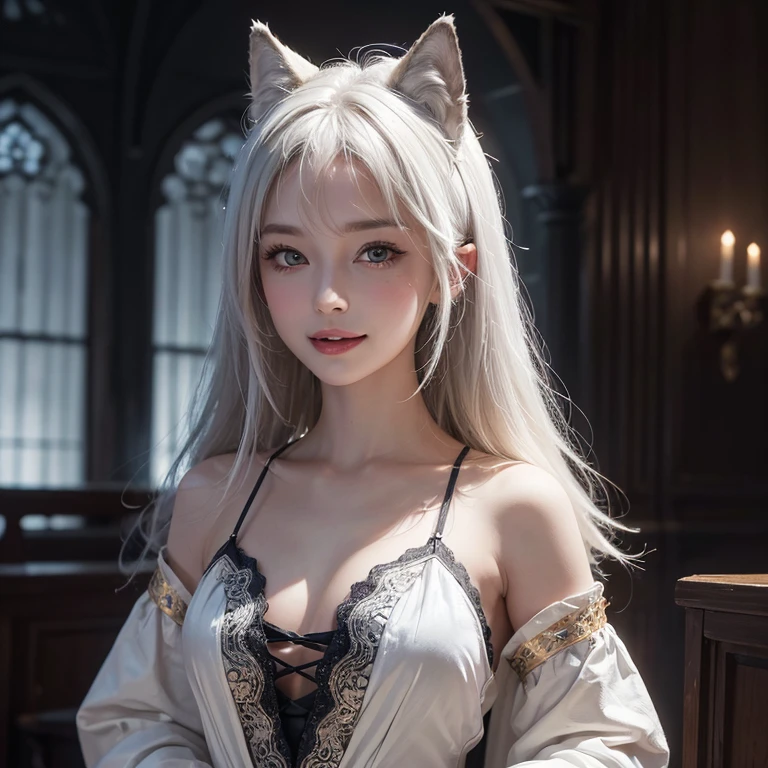Dark ambiance,Mid century london inthe background、white wolf、 ((highest quality、masterpiece、8k、best image quality、ultra high resolution、Award-winning work)、(accurate anatomy:1.1)、(look at me and smile:1.1)、Shining fair skin with ultra high resolution、most detailed face、ultra high resolution detailed face、white short hair flowing 、Beautiful face drawn in every detail、(blurred background:1.1)、traditional Georgia man costume, tiny breast, real wolf beside the girl