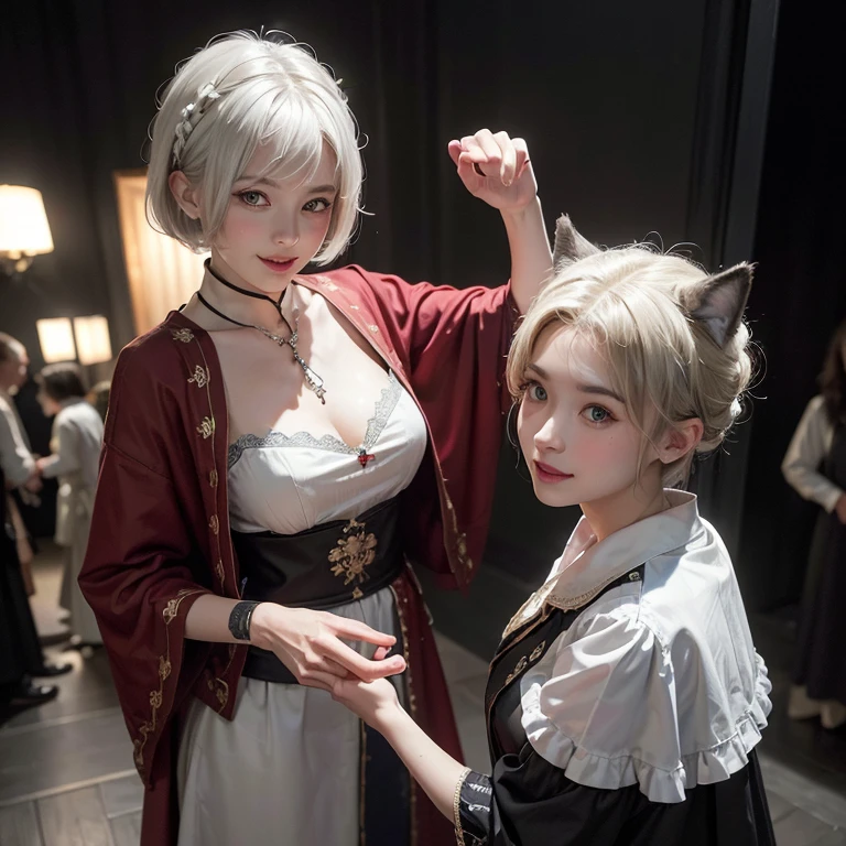 Dark ambiance,Mid century london inthe background、white wolf、 ((highest quality、masterpiece、8k、best image quality、ultra high resolution、Award-winning work)、(accurate anatomy:1.1)、(look at me and smile:1.1)、Shining fair skin with ultra high resolution、most detailed face、ultra high resolution detailed face、white short hair flowing 、Beautiful face drawn in every detail、(blurred background:1.1)、traditional Georgia man costume, tiny breast, real wolf beside the girl