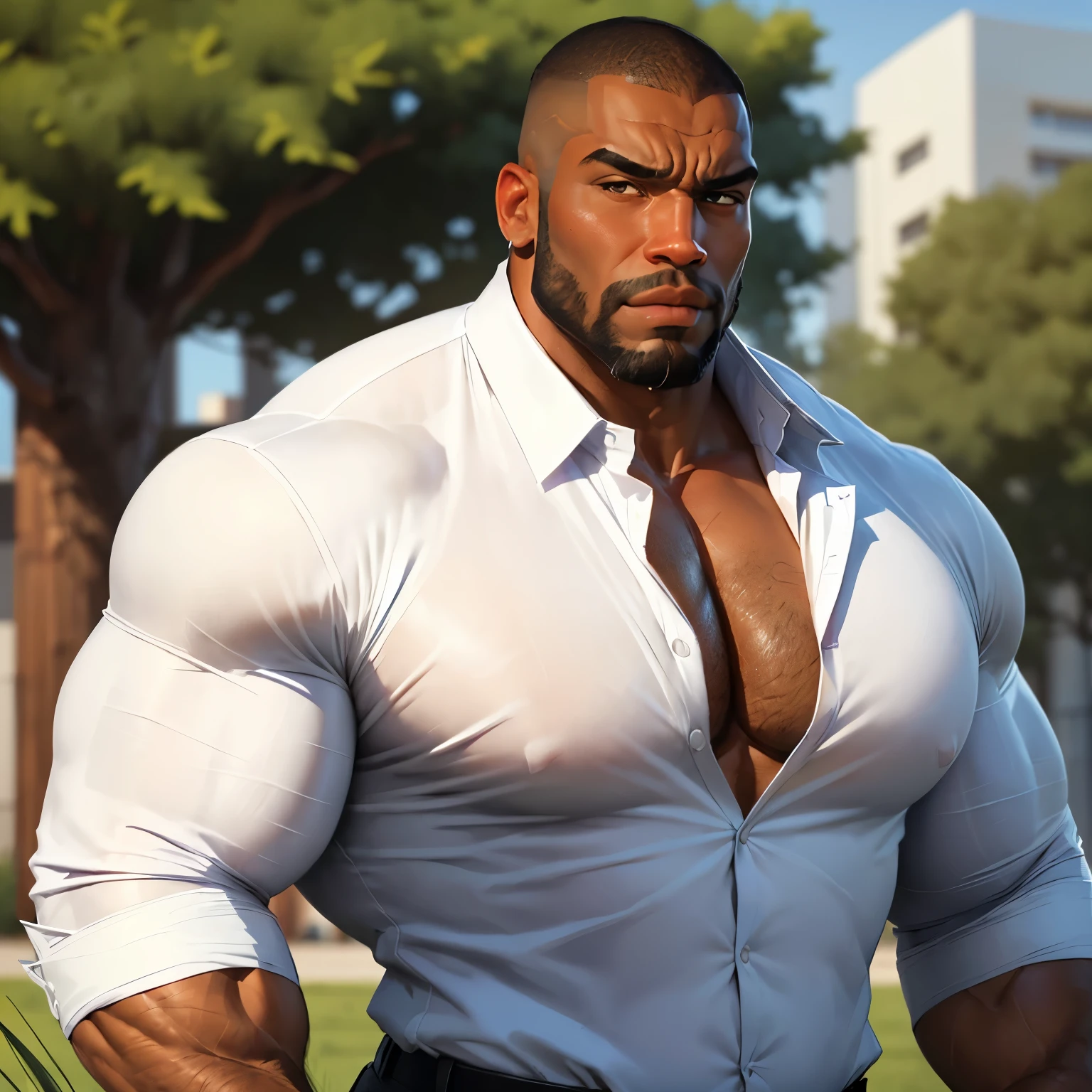 an exaggeratedly muscular and large bodyguard, beefy build, beard, dark-skinned african american male, buzzcut hair with square line, (worried expression: 1.2), (wearing white business shirt: 1.1), shirt is barely staying buttoned, (bara pecs: 1.3), beefy pecs, (arm and chest hair: 1.2), portrait HD, (outdoor football grass)