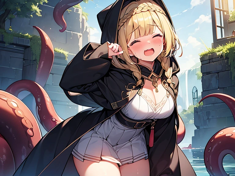 Masterpiece, Top quality, (1 beautiful girl), , Blonde, short Hair, Braided hair, wavy Hair, blunt bangs, standard weight, (small breasts):1.1, cleavage, (very large dark sorceress long robe with hood):1.3, pleated skirt, (sexual climax):1.2, nose blush, open mouth, closed eyes, saliva, crying, (tentacles sex) beautiful scene of outdoors, from below, tentacle bound wrists and legs