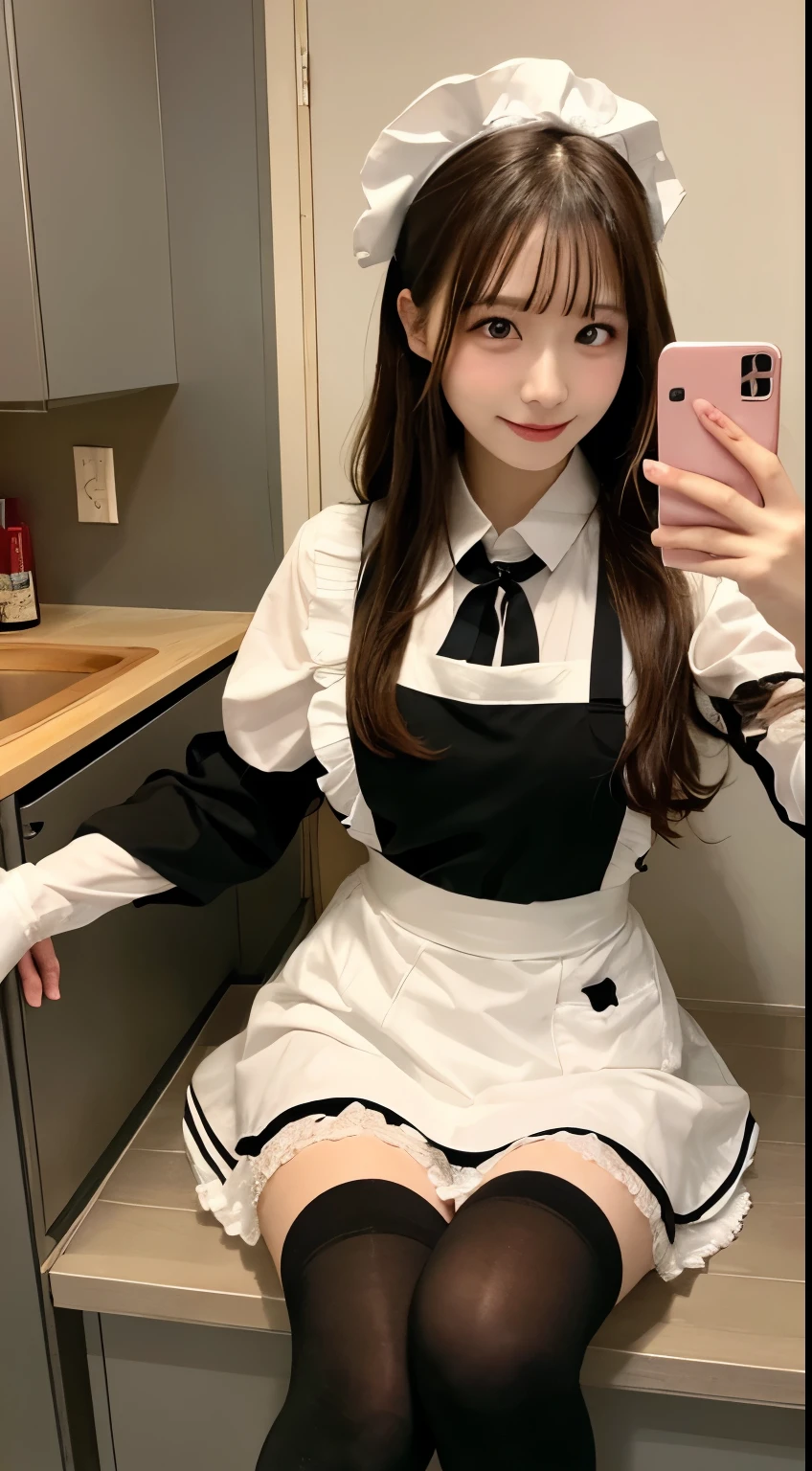 Japanese Beauty、Brown Hair、Black maid outfit、Knee-high socks with border pattern、Selfie、、White apron、