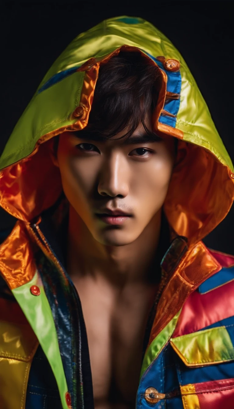 Fashion photo of Korean male model with short messy hair wearing colorful trend jacket revealing six pack abs in flash cinematic style