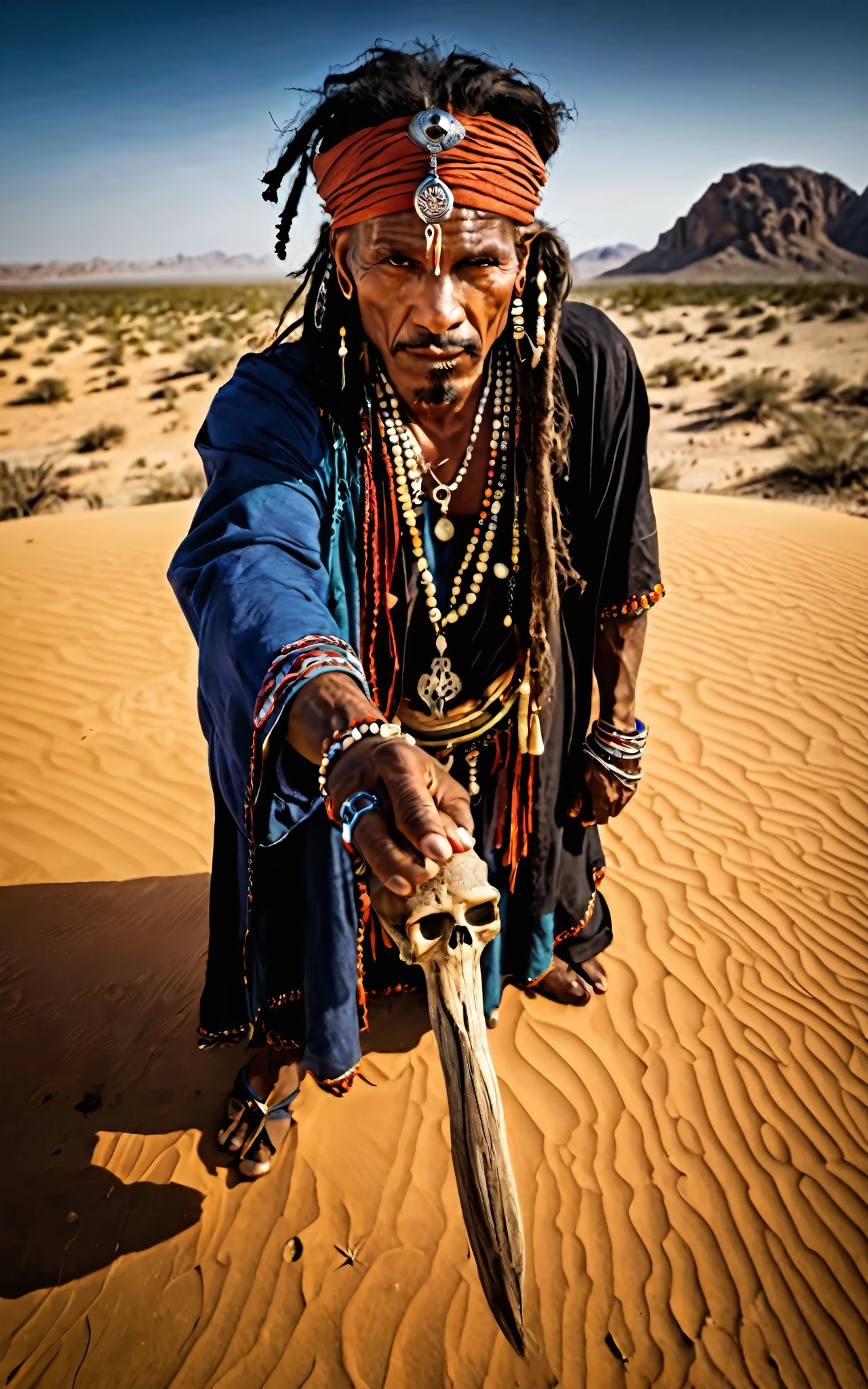 A sorcerer leaning towards the viewer, above angle lens photography,Tribal,desert,Voodoo rituals,Ultra HD details