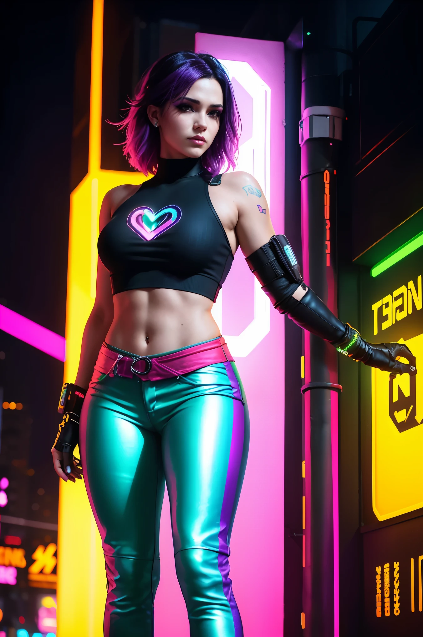 there is a woman standing with a rainbow light, 3 d neon art of a womans body, neon-noir background, cyberpunk femme fatale, seductive cyberpunk dark fantasy, ((tight pants:1.4)), cyberpunk strip clubs, cyberpunk 20 y. o model girl, oppai cyberpunk, banner, high definition cgsociety, cgsociety masterpiece, trending on cgstation, kda