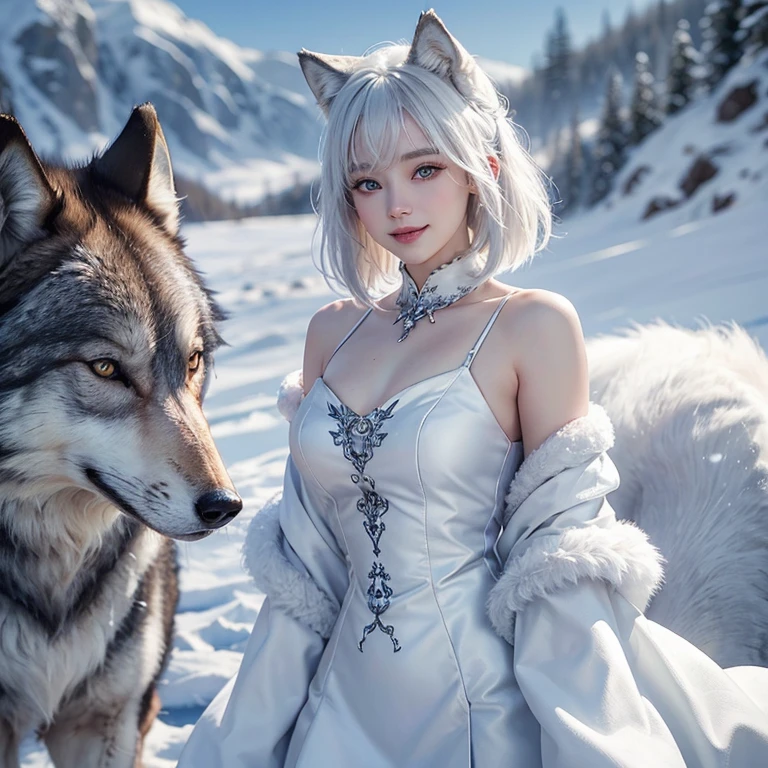 snowing mountain、white wolf、 ((highest quality、masterpiece、8k、best image quality、ultra high resolution、Award-winning work)、(accurate anatomy:1.1)、(look at me and smile:1.1)、Shining fair skin with ultra high resolution、most detailed face、ultra high resolution detailed face、white short hair flowing 、Beautiful face drawn in every detail、(blurred background:1.1)、 Inuit fur clothing, chest together, real wolf beside the girl