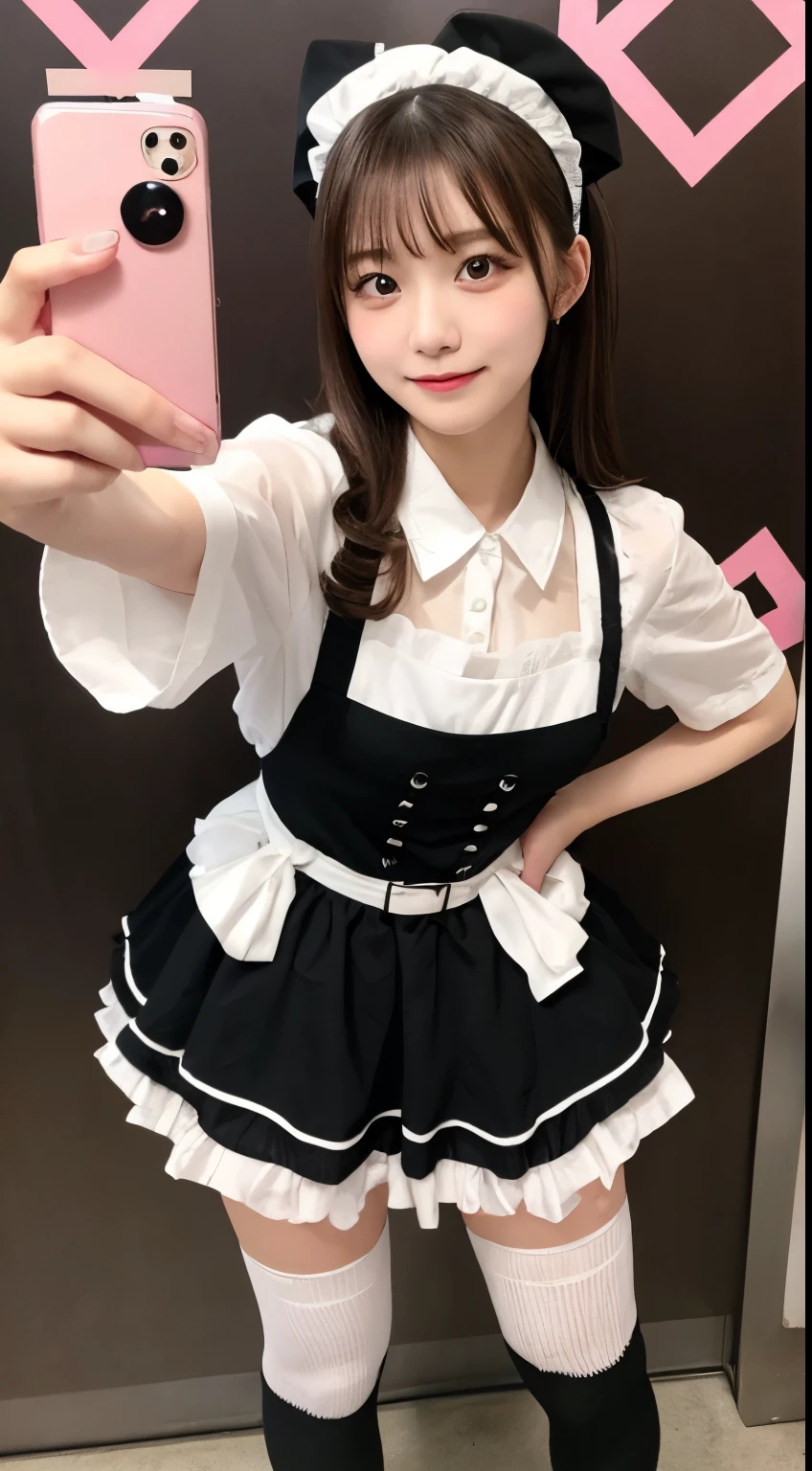 Japanese Beauty、Brown Hair、Black maid outfit、Knee-high socks with border pattern、Selfie、、White apron、Purikura