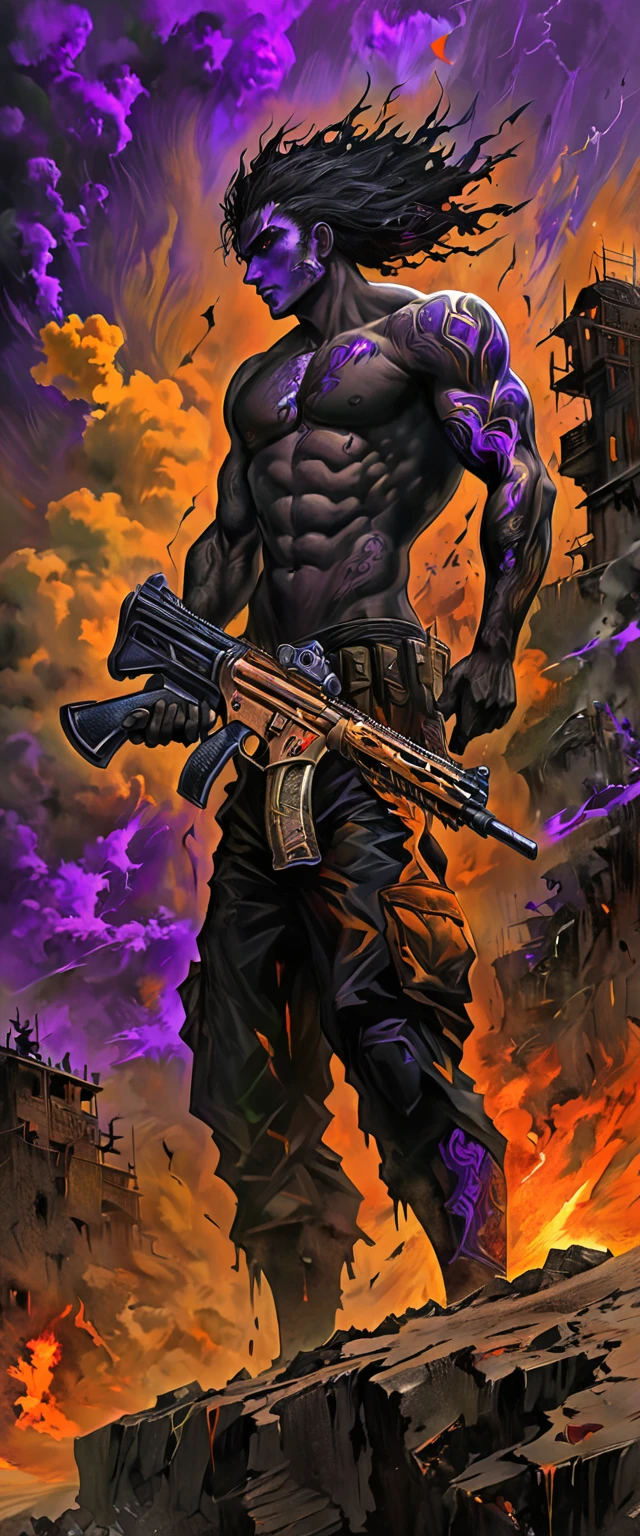 dark and torn, 1 young man, beautiful muscular body, fierce expression, holding a gun, (colors on his clothes, warm, orange, yellow, violet: 1.3), standing on a desolate terrain, dramatic lighting, intense shadows, sandy texture , high contrast, vibrant colors, dynamic pose, powerful stance, rough background, explosive atmosphere, dystopian theme, surreal elements, digitally painted illustration, HD resolution, intricate details, dramatic composition, avant-garde and chaotic brush strokes, gothic style, intense emotions, Scale epic, raw and gritty feel, captivating and provocative artwork.