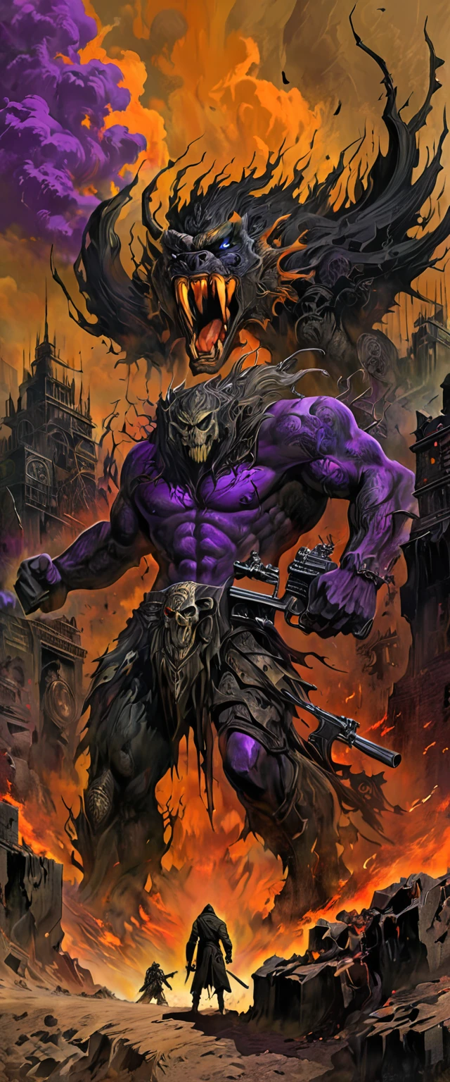 dark and torn, ****ung man, beautiful muscular body, fierce expression, holding a gun, (colors on his clothes, warm, orange, yellow, violet: 1.3), standing on a desolate terrain, dramatic lighting, intense shadows, sandy texture , high contrast, vibrant colors, dynamic pose, powerful stance, rough background, explosive atmosphere, dystopian theme, surreal elements, digitally painted illustration, HD resolution, intricate details, dramatic composition, avant-garde and chaotic brush strokes, gothic style, intense emotions, Scale epic, raw and gritty feel, captivating and provocative artwork.