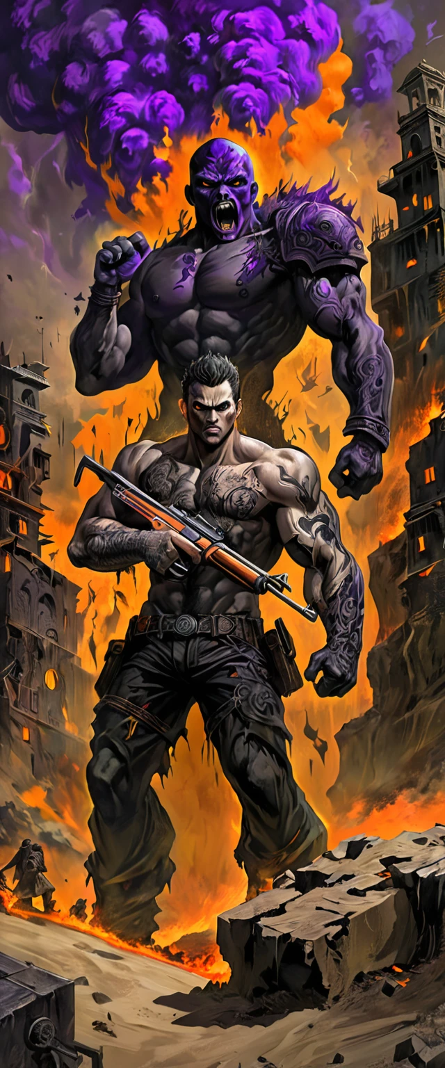 dark and torn, 1 young man, beautiful muscular body, fierce expression, holding a gun, (colors on his clothes, warm, orange, yellow, violet: 1.3), standing on a desolate terrain, dramatic lighting, intense shadows, sandy texture , high contrast, vibrant colors, dynamic pose, powerful stance, rough background, explosive atmosphere, dystopian theme, surreal elements, digitally painted illustration, HD resolution, intricate details, dramatic composition, avant-garde and chaotic brush strokes, gothic style, intense emotions, Scale epic, raw and gritty feel, captivating and provocative artwork.