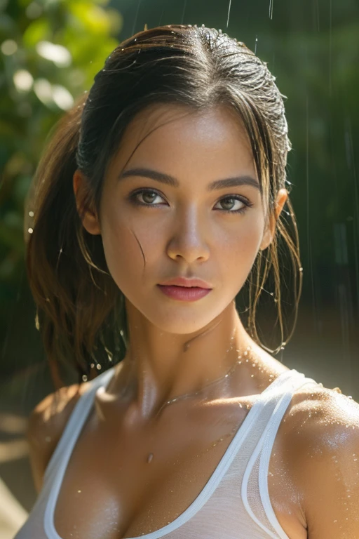 (masterpiece:1.2), ultra detailed, ultra high res, (realistic, photo realistic:1.37), high detail RAW color photo, professional photograph, extremely delicate and beautiful, Extremely detailed, finely detail, highly detailed beautiful adore girl, extra detailed face, extremely detailed eye, highly detailed skin, extremely detailed fingers, highly detailed nose, highly detail mouth, Perfect ???????, puffed big breast , ample cleavage, (a famous actress of Japan:1.2), (gals:1.4), (Tanned skin:1.3), (Ponytail), Dynamic lighting, ((half body:1.2)), (Tank top), Hot Pants, (Heavy rain:1.3), (Wet:1.3), water dripping,