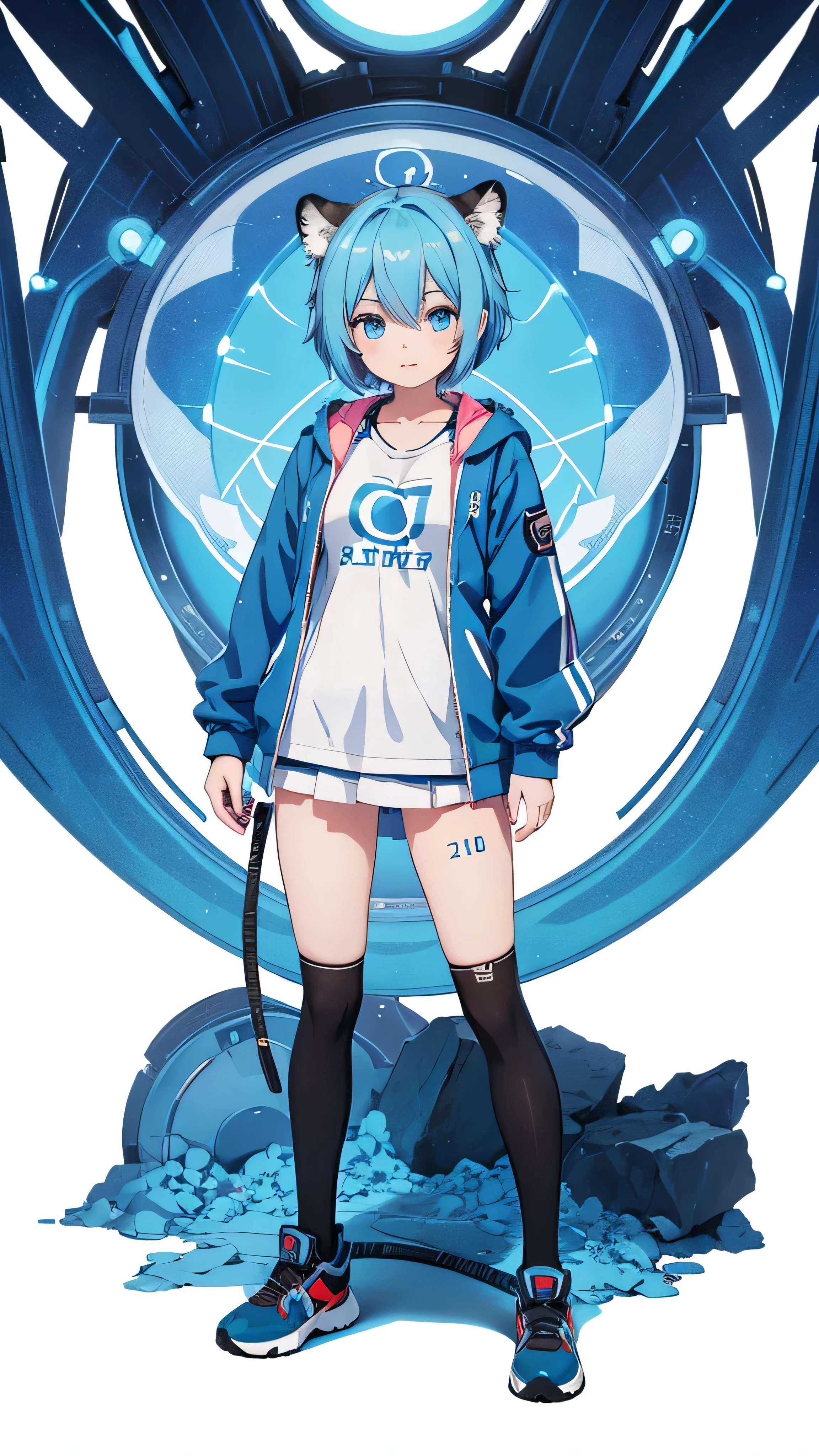 Anime Girl, Blue hair and blue eyes, Blue Jacket, 2D anime style, 4K/8K/UHD, Short blue hair female, Two-dimensional art, Anime Art Wallpaper, Hatsune Miku short hair, Cat ear, Tiger Teeth, Neutral expression, Blue powder, big eyes, White background, masterpiece/Awards, accurate/Anatomically correct, Skin Texture, Ultra Detail/High Detail, high quality/Best quality, White background, full body, Standing picture, Clear face, Showing tiger teeth, Retina