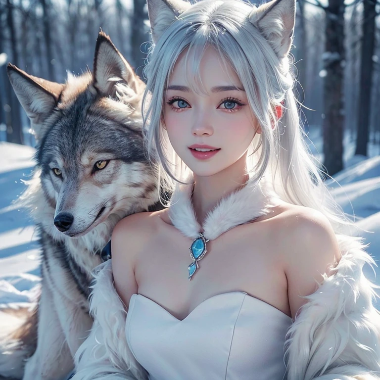 snowing mountain、white wolf、 ((highest quality、masterpiece、8k、best image quality、ultra high resolution、Award-winning work)、(accurate anatomy:1.1)、(look at me and smile:1.1)、Shining fair skin with ultra high resolution、most detailed face、ultra high resolution detailed face、white short hair flowing 、Beautiful face drawn in every detail、(blurred background:1.1)、 Inuit fur clothing, chest together, real wolf beside the girl