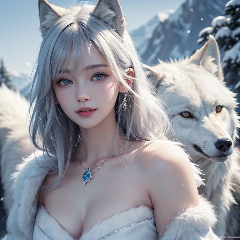 snowing mountain、white wolf、 ((highest quality、masterpiece、8k、best image quality、ultra high resolution、Award-winning work)、(accurate anatomy:1.1)、(look at me and smile:1.1)、Shining fair skin with ultra high resolution、most detailed face、ultra high resolution detailed face、white short hair flowing 、Beautiful face drawn in every detail、(blurred background:1.1)、 Inuit fur clothing, chest together, real wolf beside the girl 