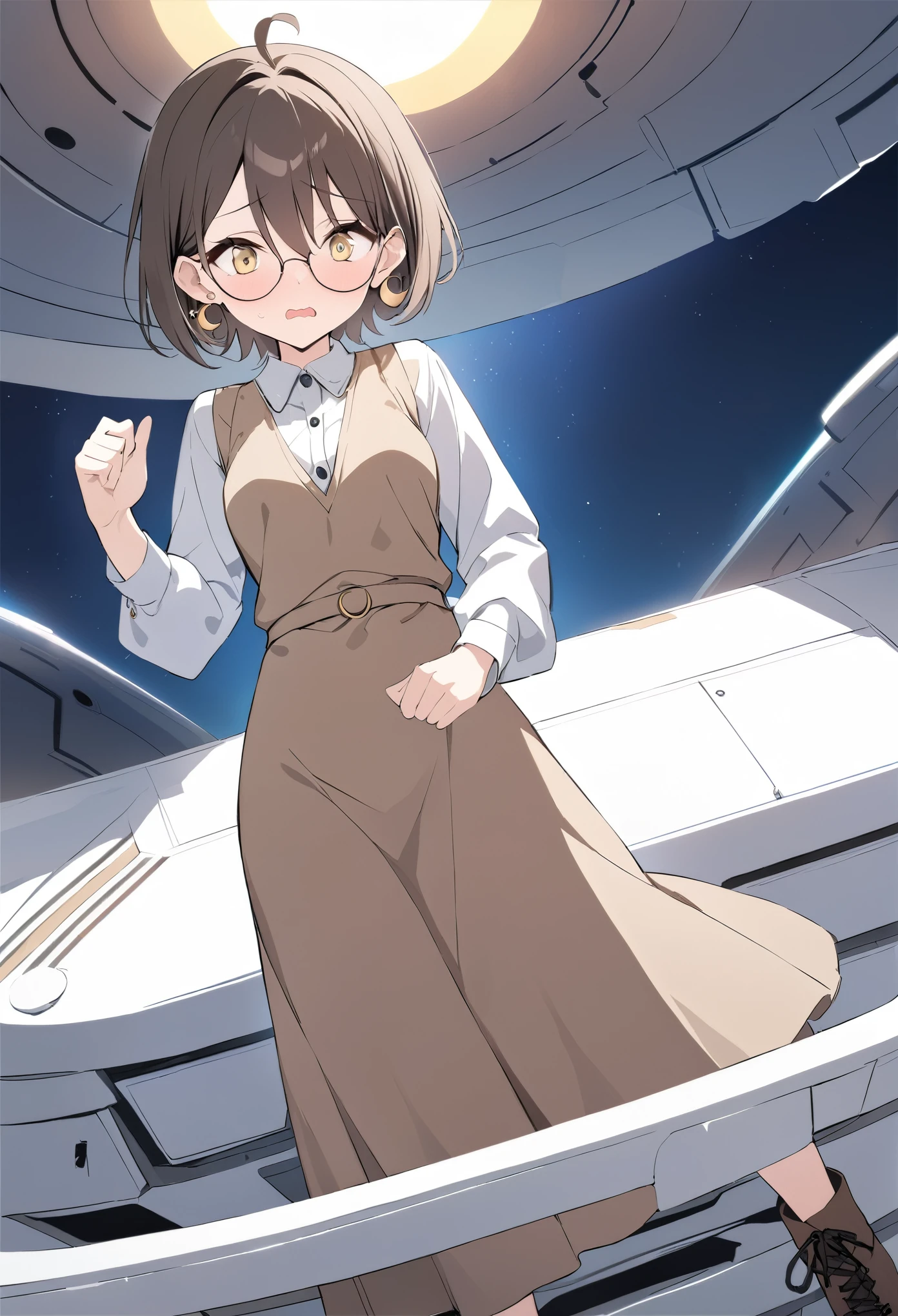 best quality, masterpiece, ultra resolution, super details, anatomically correct, a girl , full body, (dark brown hair:1.2), high quality eyes, high quality hands, short hair, light yellow eyes, (two short ahoges:1.3), round glasses, asymmetric earrings, (crescent earring on the left ear:1.2), (sun-shaped earring on the right ear:1.3), medium breasts, white shirt, brown vest dress, long sleeves, loose sleeves, (long skirt), short boots, coward, (shaking mouth:1.2), fluish, embarrased expression, on the deck of a starship, high quality background, depth of field, dutch angle