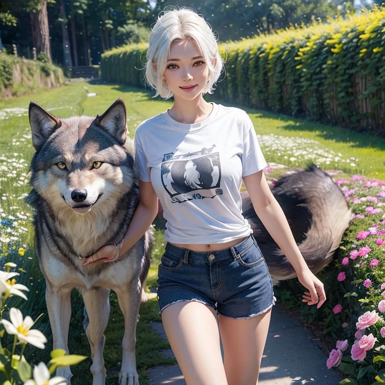 Walking in a flower tunnel, Tunel of flowers windy weather, white wolf、 ((highest quality、masterpiece、8k、best image quality、ultra high resolution、Award-winning work)、(accurate anatomy:1.1)、(look at me and smile:1.1)、Shining fair skin with ultra high resolution、most detailed face、ultra high resolution detailed face、white short hair flowing 、Beautiful face drawn in every details,T shirt and shorts, modest breast , real wolf beside the girl 