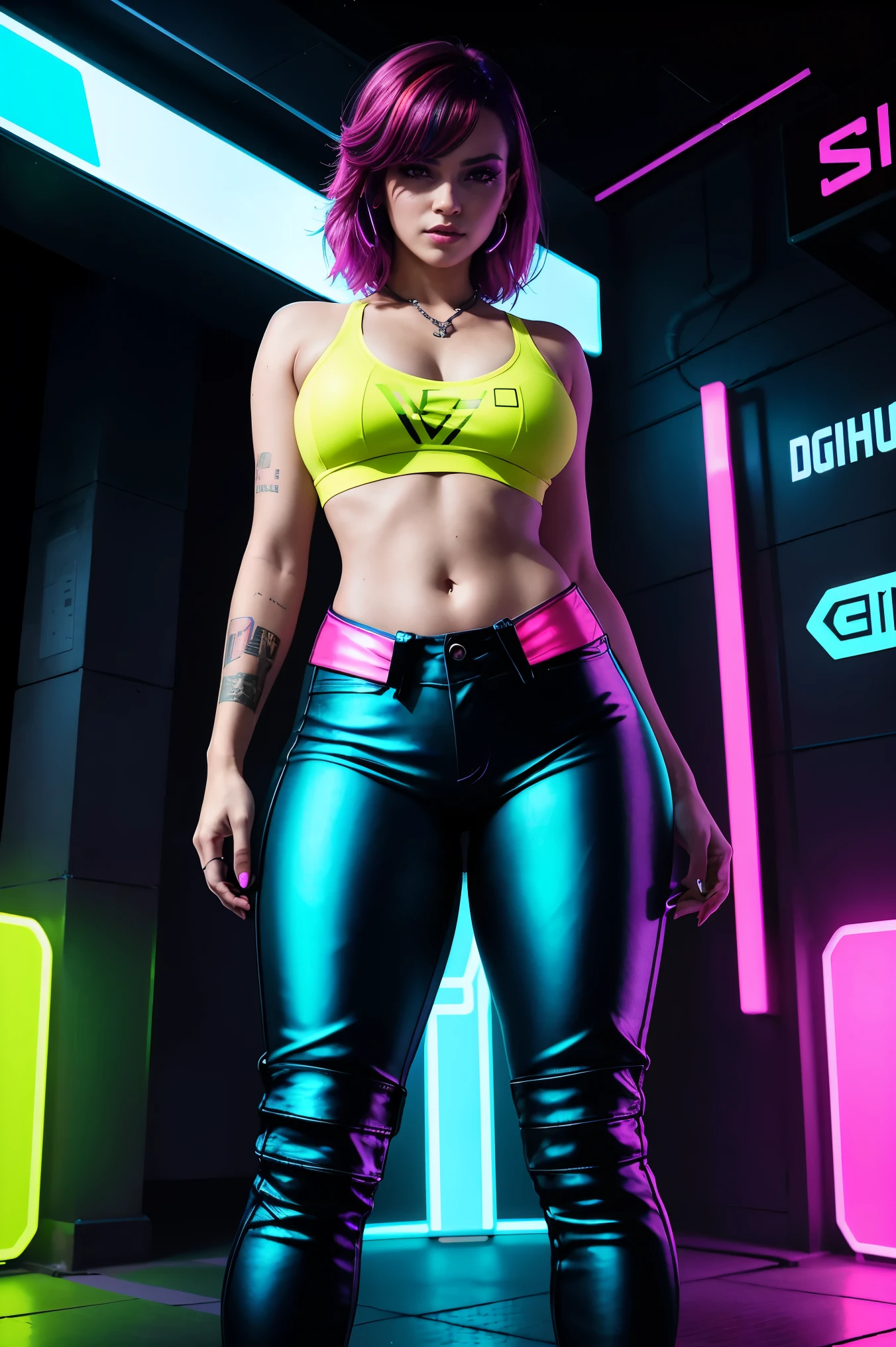 there is a woman standing with a rainbow light, 3 d neon art of a womans body, neon-noir background, cyberpunk femme fatale, seductive cyberpunk dark fantasy, ((tight pants:1.4)), cyberpunk strip clubs, cyberpunk 20 y. o model girl, oppai cyberpunk, banner, high definition cgsociety, cgsociety masterpiece, trending on cgstation, kda