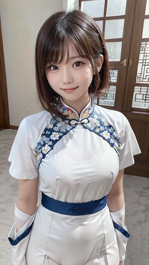 21 year old girl, ancient chinese costume, whole body, sunlight, Clear Face, Clean white background, masterpiece, Super Detail, A magnificent composition, Ultra HD, high quality, Very detailed, Official Art, Uniform 8k wallpaper, Super Detail, 32k,Cute face、smile