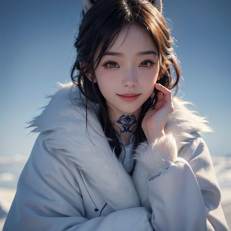 snow mountain、 ((highest quality、masterpiece、8k、best image quality、ultra high resolution、Award-winning work)、(accurate anatomy:1.1)、(look at me and smile:1.1)、Shining fair skin with ultra high resolution、most detailed face、ultra high resolution detailed face、white short hair blowing 、(ultra high resolutionの煌めく瞳:1.1)、Beautiful face drawn in every detail、(blurred background:1.1)、warm Inuit clothing, tattoo, real wolfs beside