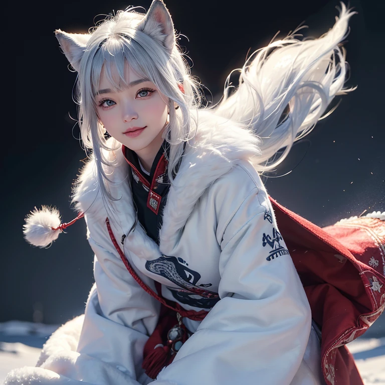 snow mountain、 ((highest quality、masterpiece、8k、best image quality、ultra high resolution、Award-winning work)、(accurate anatomy:1.1)、(look at me and smile:1.1)、Shining fair skin with ultra high resolution、most detailed face、ultra high resolution detailed face、white short hair blowing 、(ultra high resolutionの煌めく瞳:1.1)、Beautiful face drawn in every detail、(blurred background:1.1)、warm Inuit clothing, tattoo, real wolfs beside