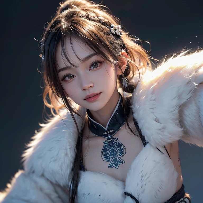 snow mountain、 ((highest quality、masterpiece、8k、best image quality、ultra high resolution、Award-winning work)、(accurate anatomy:1.1)、(look at me and smile:1.1)、Shining fair skin with ultra high resolution、most detailed face、ultra high resolution detailed face、white short hair blowing 、(ultra high resolutionの煌めく瞳:1.1)、Beautiful face drawn in every detail、(blurred background:1.1)、warm Inuit clothing, tattoo, real wolfs beside 
