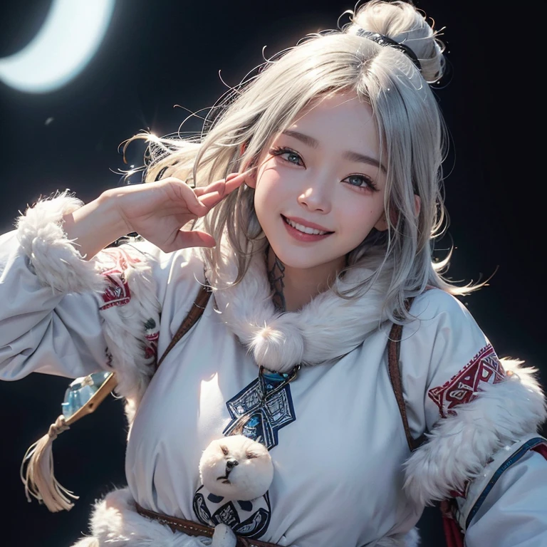 snow mountain、 ((highest quality、masterpiece、8k、best image quality、ultra high resolution、Award-winning work)、(accurate anatomy:1.1)、(look at me and smile:1.1)、Shining fair skin with ultra high resolution、most detailed face、ultra high resolution detailed face、white short hair blowing 、(ultra high resolutionの煌めく瞳:1.1)、Beautiful face drawn in every detail、(blurred background:1.1)、warm Inuit clothing, tattoo, real wolfs beside