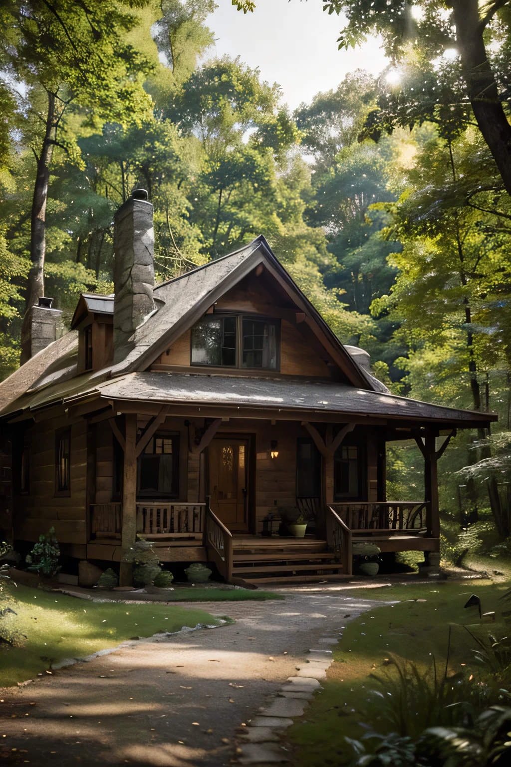 "Draw a serene and idyllic scene of an isolated house nestled in the heart of a dense forest. The house should be of rustic style, with a wooden roof and walls made of stone or weathered wood. As the sun's rays filter through the treetops, creating patterns of golden shadows on the forest floor, the house should appear welcoming and seamlessly integrated into the natural surroundings.
