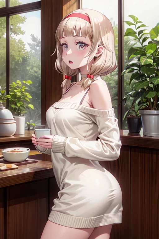 masterpiece, 1girl, Amazing Cleavage:1.3, thin waist, big ass, Raised sexy, small breast:1.0,posed cleavage:1.2,solo, looking at viewer, open mouth, have a cup of coffee,black hair, red eyes, dress, bare shoulders, jewelry, collarbone, sidelocks, hairband, earrings, indoors, off shoulder, :o, sweater, arms behind back, plant, short hair with long locks, white hairband, off-shoulder dress, sweater dress, off-shoulder sweater, red sweater, big side hair, very long side hair,is rendered in (masterpiece: 1.2, best quality), with (ultra high resolution) and an exquisite (depth of field). This masterpiece is not only visually stunning but also tells, make of cooking some cakes ,in the kitchen