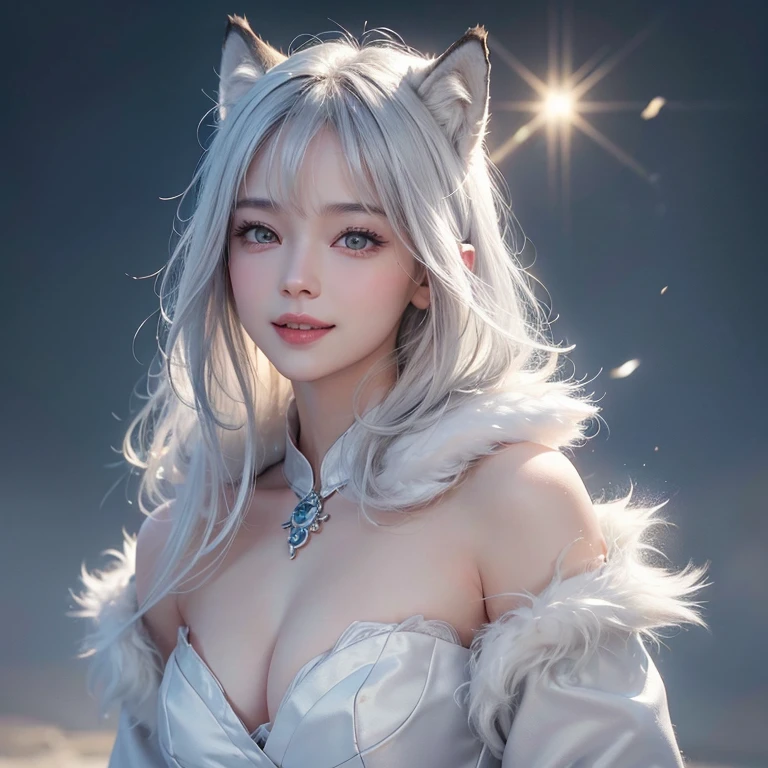snowing mountain、white wolf、 ((highest quality、masterpiece、8k、best image quality、ultra high resolution、Award-winning work)、(accurate anatomy:1.1)、(look at me and smile:1.hining fair skin with ultra high resolution、most detailed face、ultra high resolution detailed face、white short hair flowing 、Beautiful face drawn in every detail、(blurred background:1.1)、 Inuit fur clothing, chest together, real wolf beside the girl 