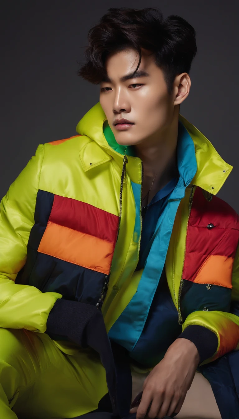Fashion photo of Korean male model with short messy hair wearing colorful trend jacket revealing six pack abs in flash cinematic style