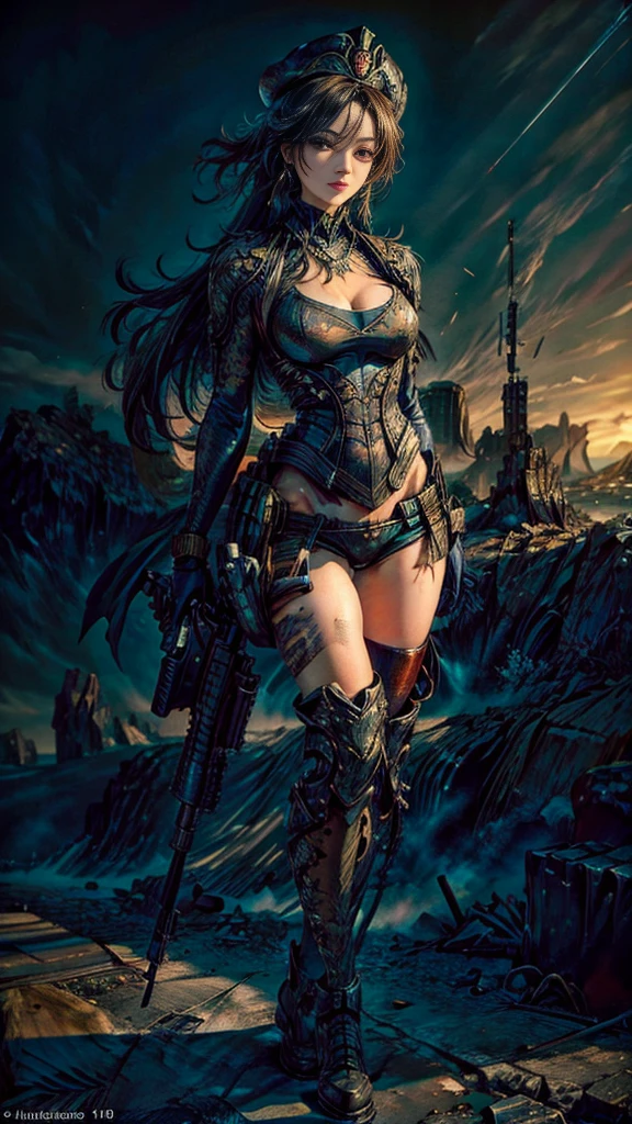 (Photographic:1.3, 16k, highest quality, masterpiece, Ultra-high resolution), Perfect dynamic composition:1.2, Highly detailed skin and facial textures:1.2, Covered in scars:1.2, (The end of the world:0.5, military base:0.6, Contrasting with the desolate background:0.7, Increase the disruptive element:0.7, Debris and impurities scattered around:0.7), (Dynamic action pose:1.0, Professional camera work:1.0, Aim with a gun:1.0), Beautiful Japanese women serving in the US military, Incredibly slim body, Fair skin, Very beautiful face, Stern expression, (Automatic rifle:0.7, Bulletproof vest:0.7, uniform:1.0, Backpack:0.7, boots:0.7), Shapely breasts, Chest gap, Big eyes that exude beautiful eroticism, Lips that exude beautiful eroticism, Cowboy Shot, necklace, Earrings, bracelet, Tattoo:0.5, military cap