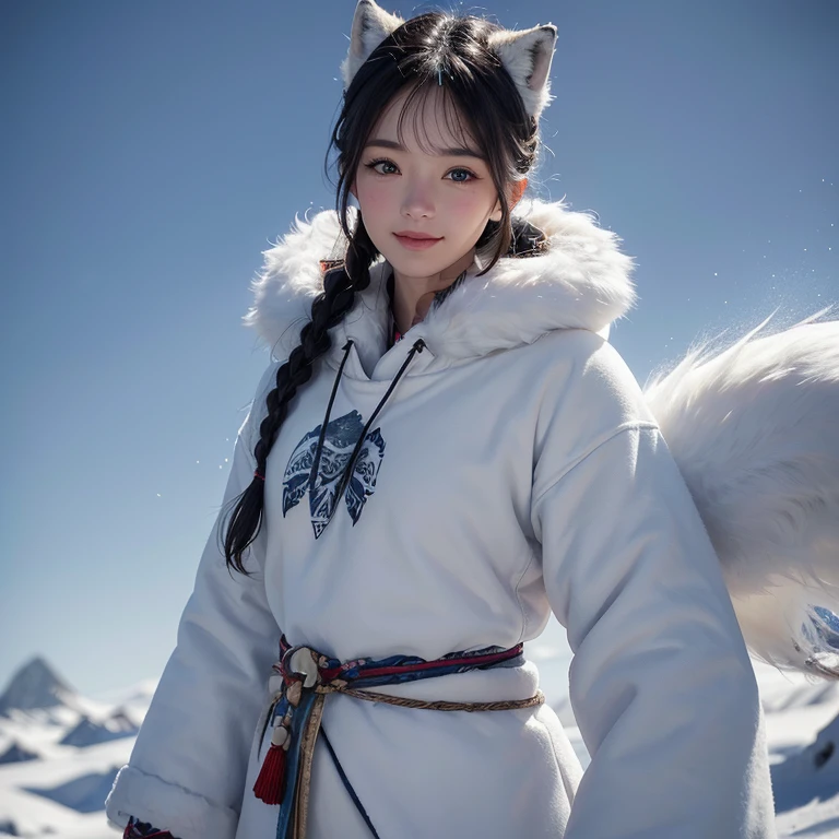 snow mountain、 ((highest quality、masterpiece、8k、best image quality、ultra high resolution、Award-winning work)、(accurate ???????:1.1)、(look at me and smile:1.1)、Shining fair skin with ultra high resolution、most detailed face、ultra high resolution detailed face、white short hair blowing 、(ultra high resolutionの煌めく瞳:1.1)、Beautiful face drawn in every detail、(blurred background:1.1)、warm Inuit clothing, tattoo, real wolfs beside:1.5