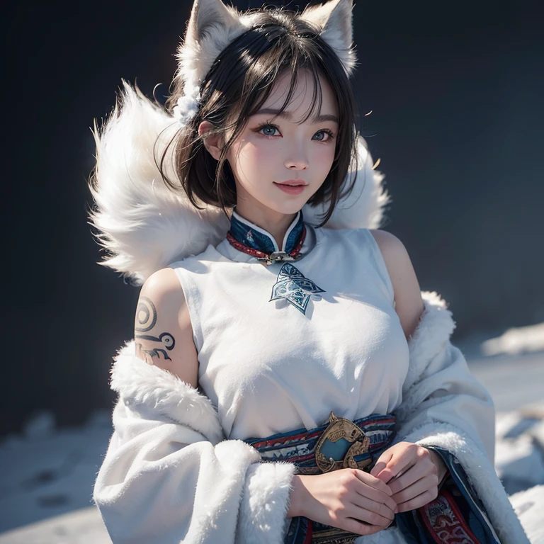 snow mountain、 ((highest quality、masterpiece、8k、best image quality、ultra high resolution、Award-winning work)、(accurate anatomy:1.1)、(look at me and smile:1.1)、Shining fair skin with ultra high resolution、most detailed face、ultra high resolution detailed face、white short hair blowing 、(ultra high resolutionの煌めく瞳:1.1)、Beautiful face drawn in every detail、(blurred background:1.1)、warm Inuit clothing, tattoo, real wolfs beside:1.5
