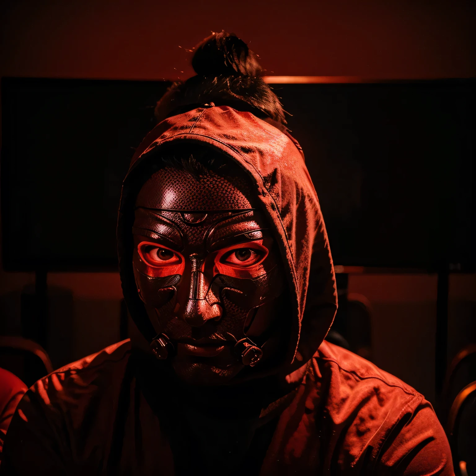 A mask man sitting in front of screen and background is very red lighting around 