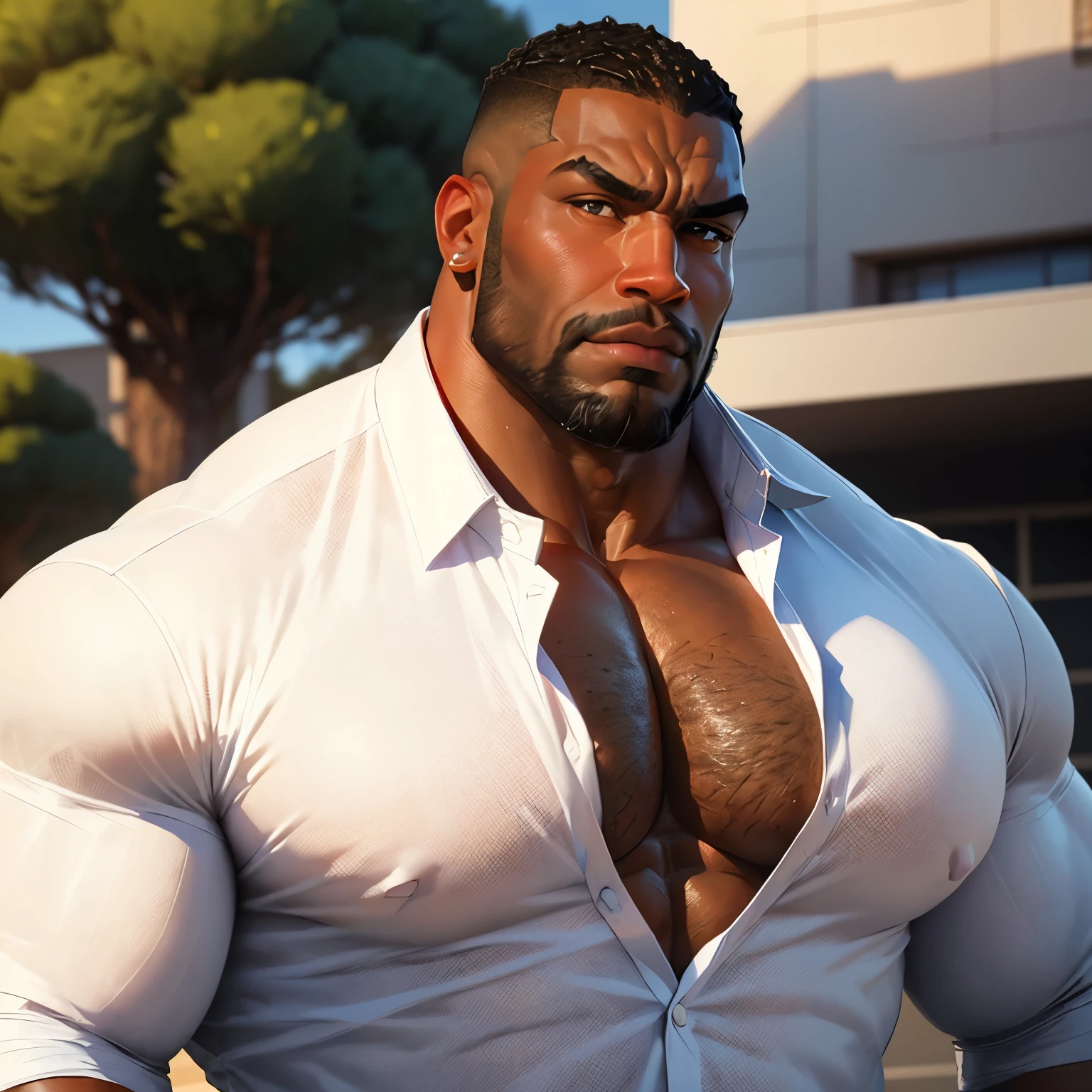 an exaggeratedly muscular and large bodyguard, beefy build, beard, dark-skinned african american male, buzzcut hair with square line, (worried expression: 1.2), (wearing white business shirt: 1.1), (bara pecs: 1.3), beefy pecs, (arm and chest hair: 1.2), portrait HD, (grassy football arena)