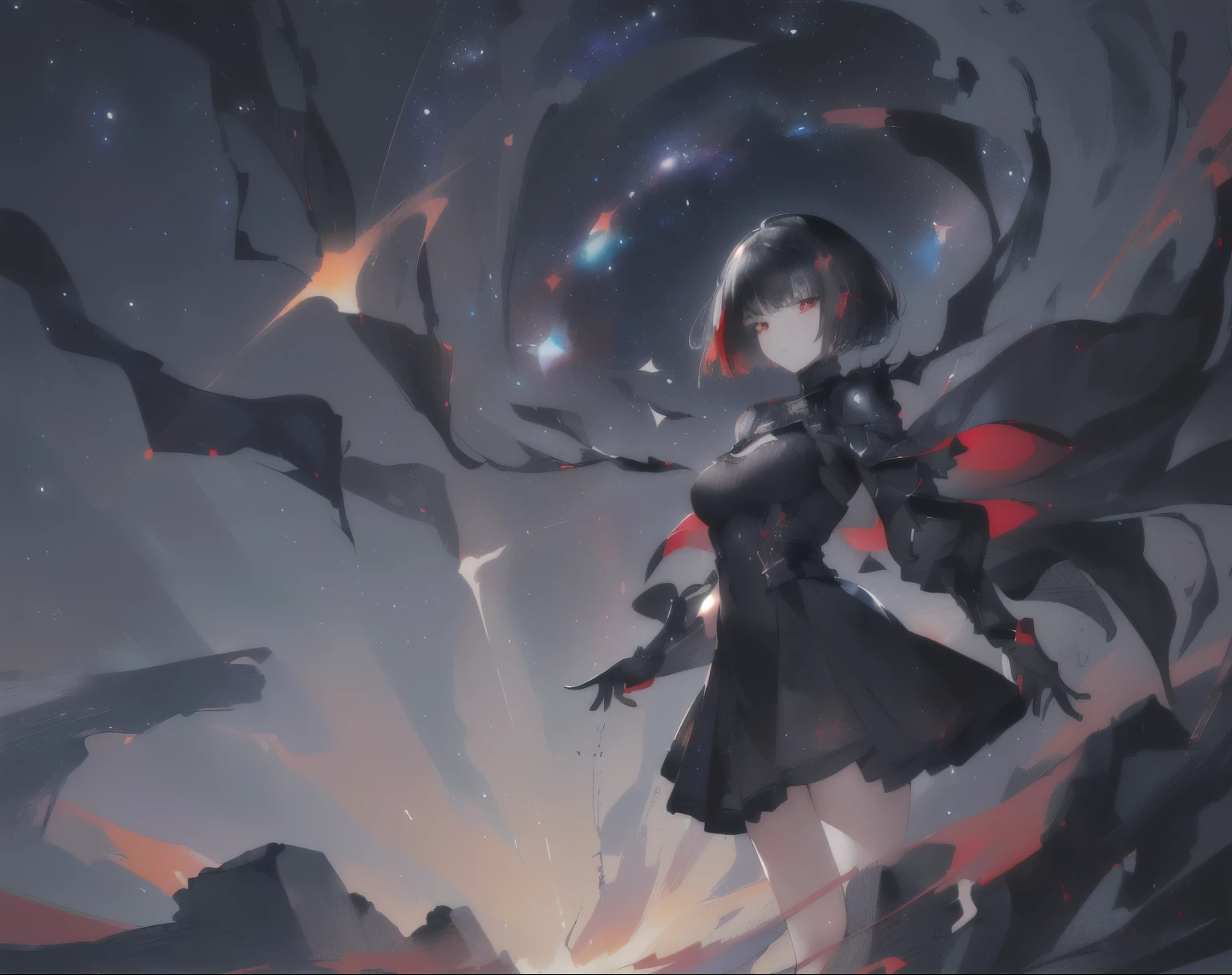 (highres,8k,close-up,samdoesarts-style,black short hair,red eyes,detailed facial features,night sky with starry galaxy) High Detail, 8k,close up, SamdoesArts style ,(((A woman with short black hair and red eyes))),((Have delicate facial features))
,The background is the starry night sky and the Milky Way,