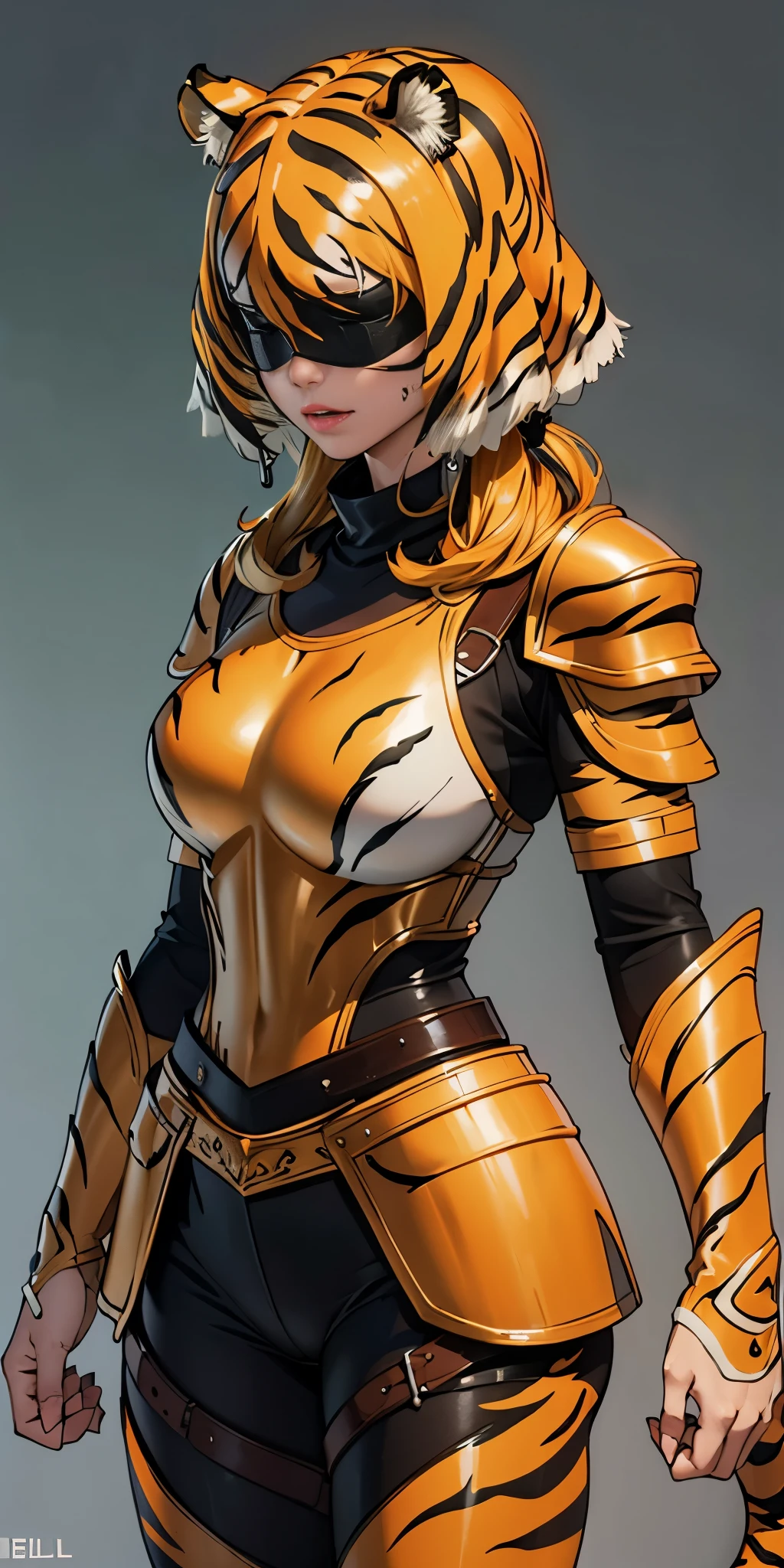 1 solo female blindfolded, animal tiger ears, animal tiger hands, animal tiger print, bell ((Armor reminiscent of a tiger))