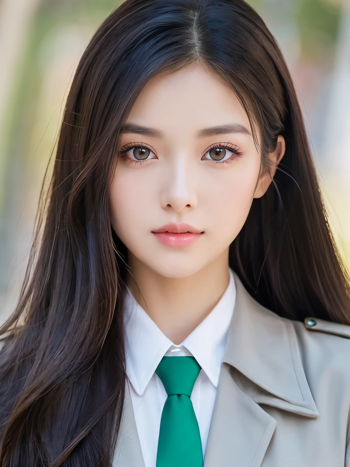 perfect and gorgeous girl, black hair, brown eyes, pale skin, round face, deer eyes… she looks ethereal, like an angel. is the most beautiful woman in the world. The picture is an ID picture. The photo is from her shoulders up. She is wearing a gray jacket, a white shirt underneath and an emerald green tie. She is made up in soft, pink makeup, which makes her look like an angel. Her hair is long and flowing.