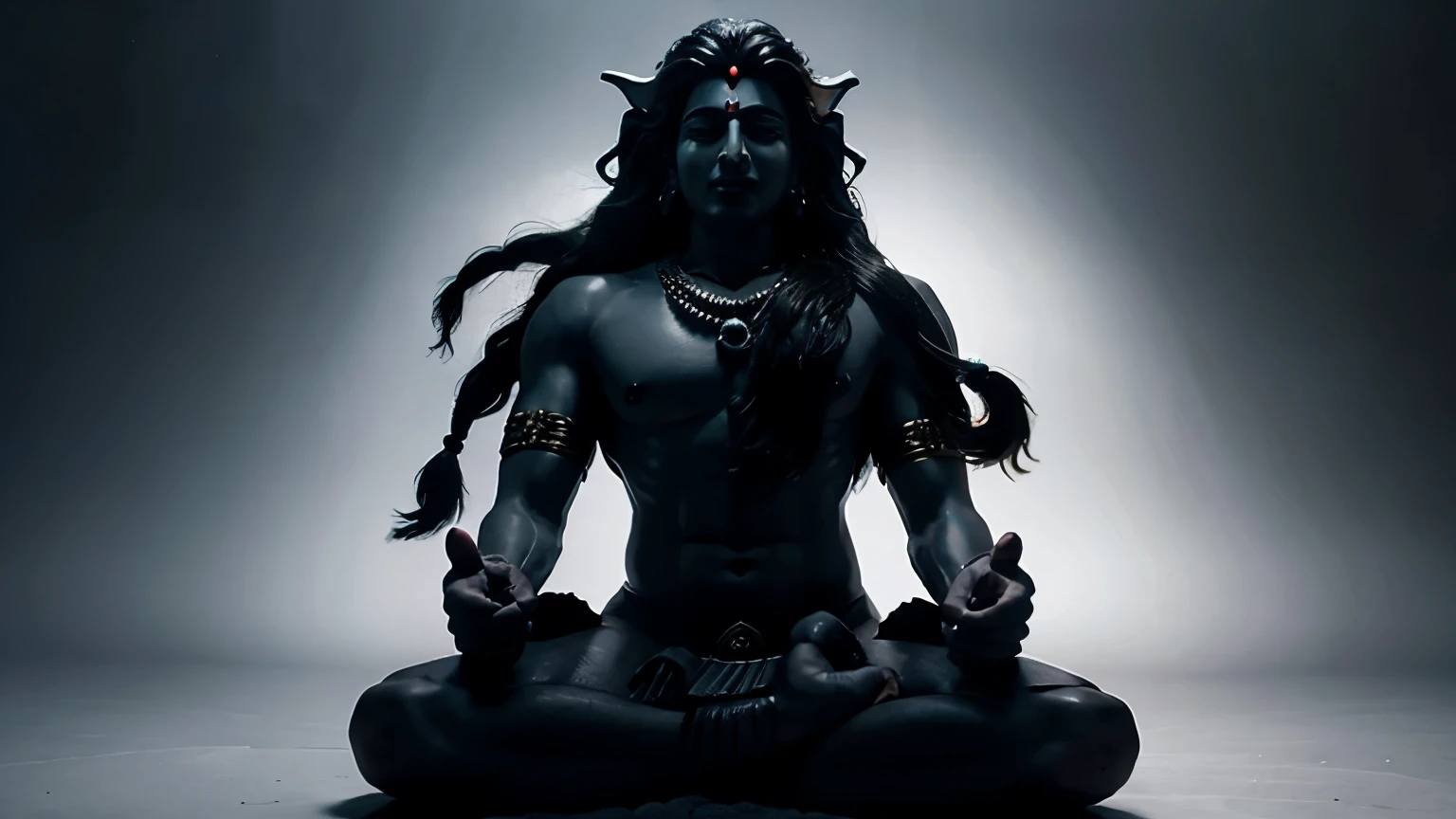 Lord Shiva、He is meditating、3rd eye、Bright blue skin、slender、dreds、Wear rosaries on your arms and neck、Wrapping a snake around the neck、Countless Buddhas spreading in the back、sea side