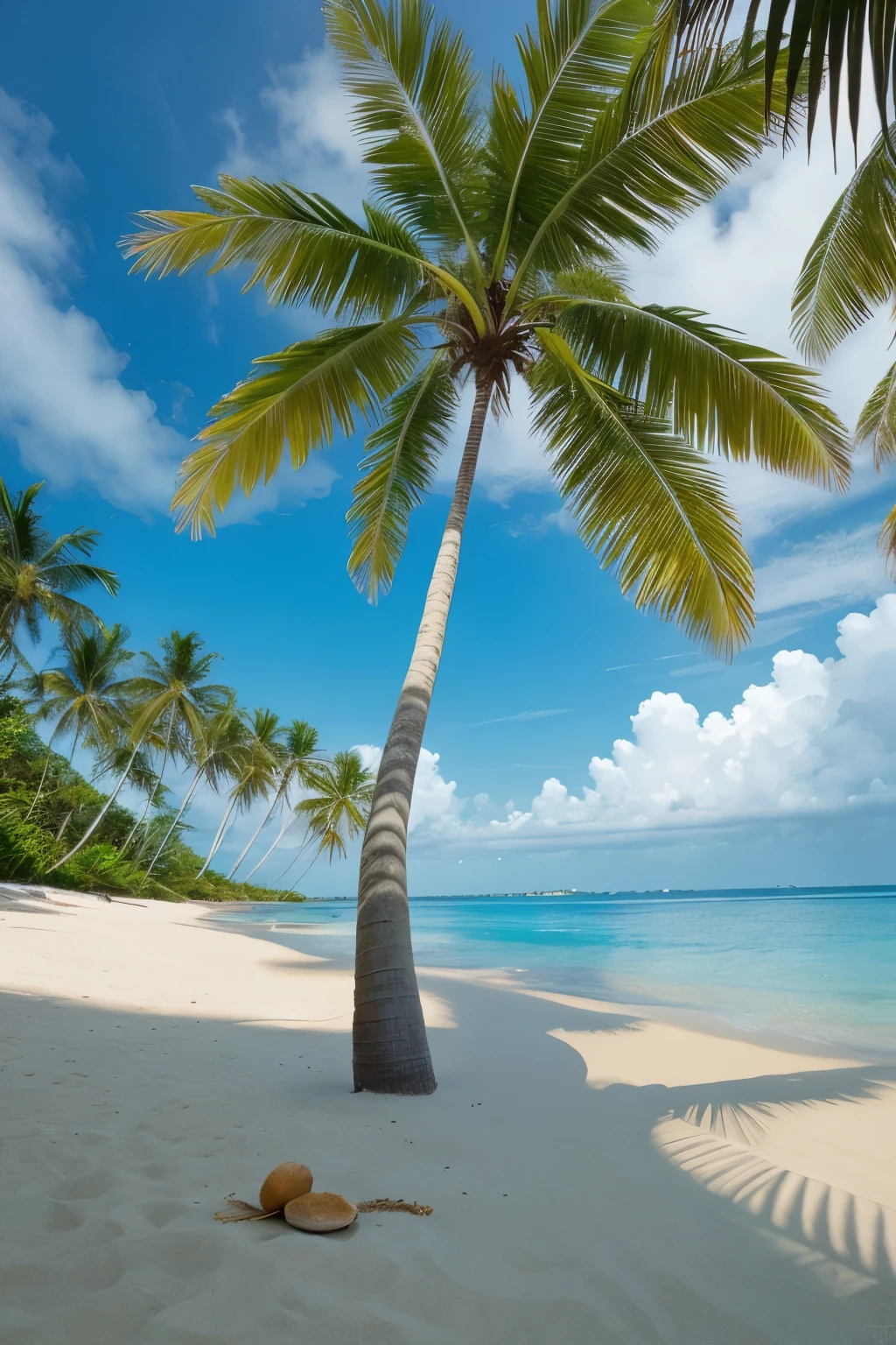 illustration, cartoon, tropical, palm tree, blue sea , beach, coconut, leaves